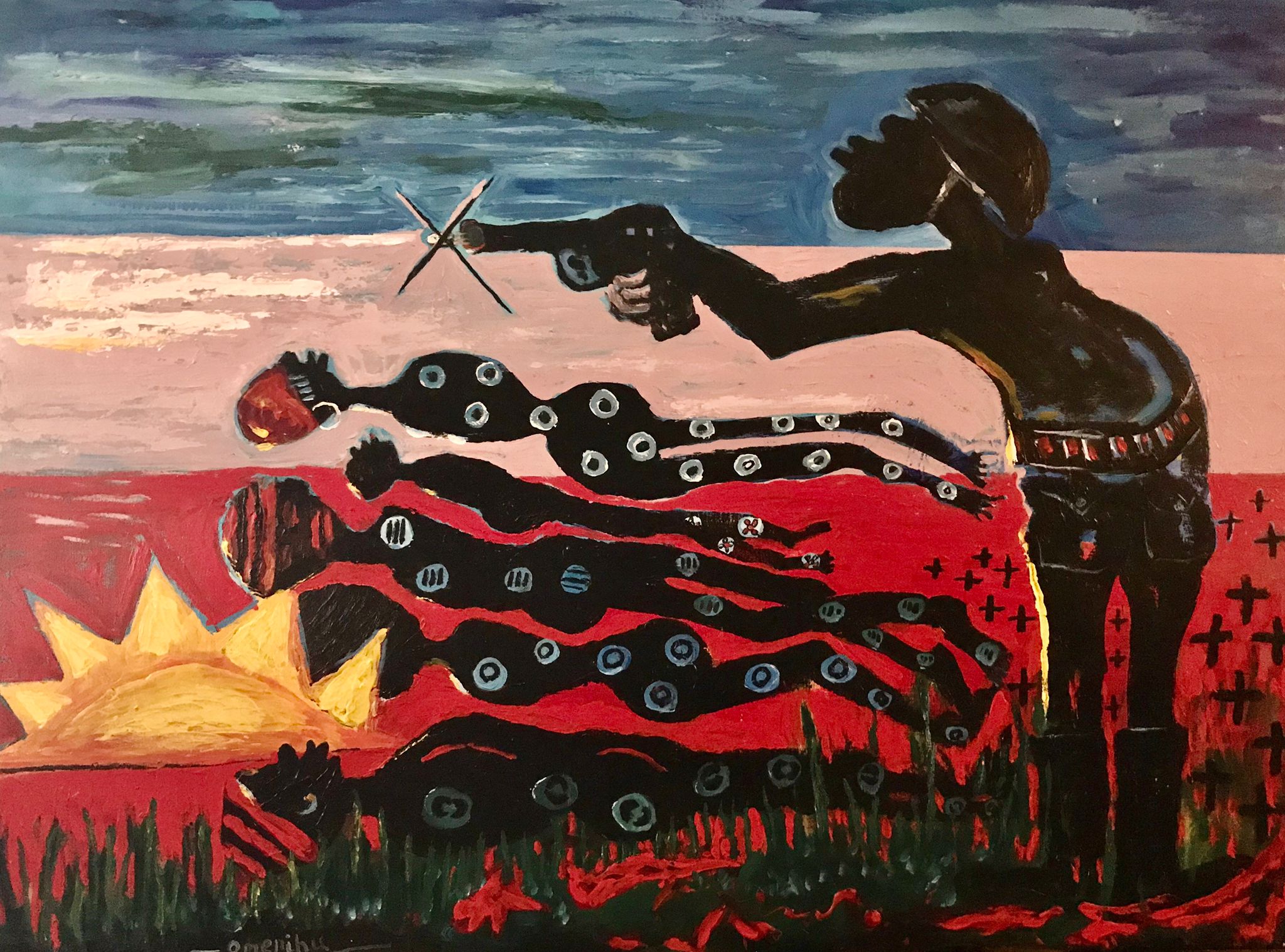 “Invasion of the Sun” acrylic on canvas, 36” x 48”