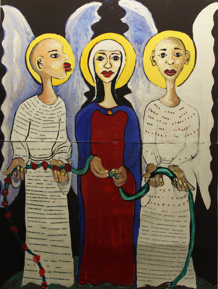 “Mary Untier of Knots” acrylic, beads, fabric, and paper, 80” x 60”