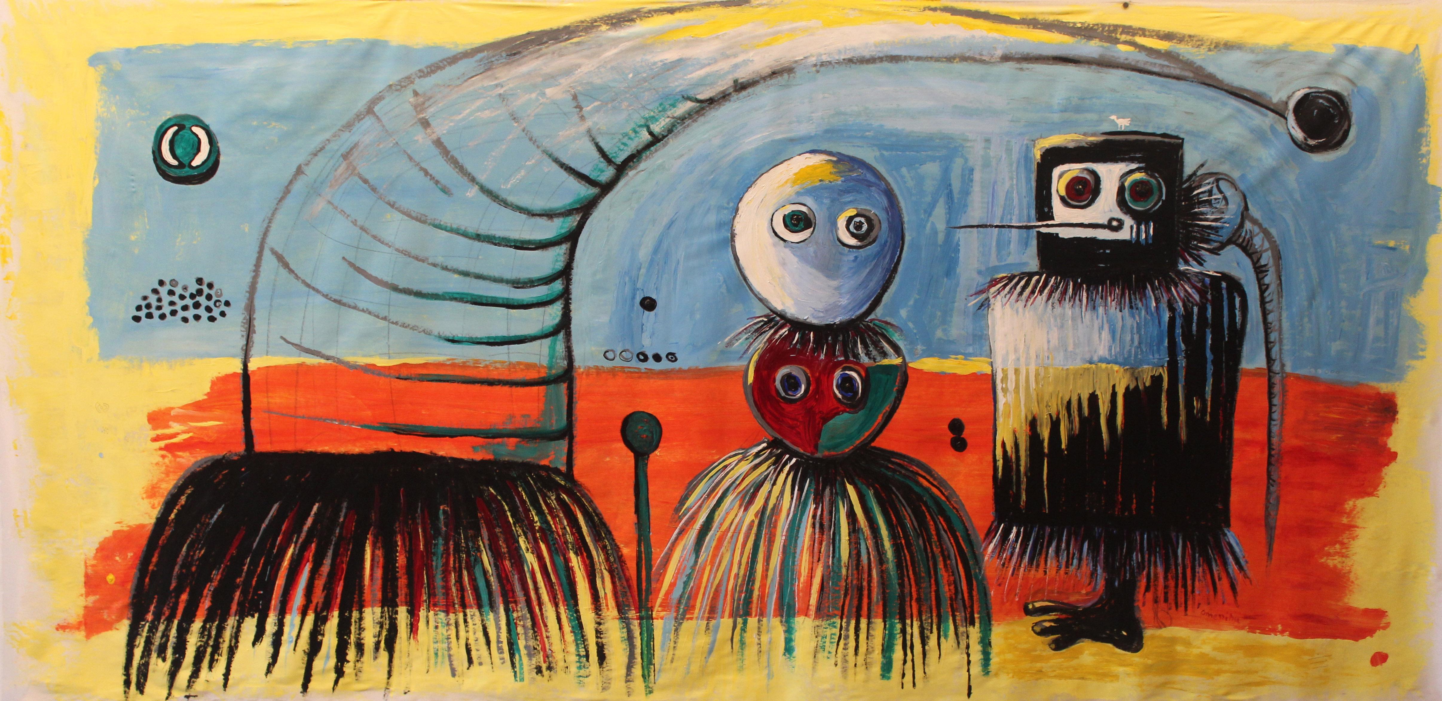 “Masquerades at Red Earth” acrylic and fabric, 44” x 88”