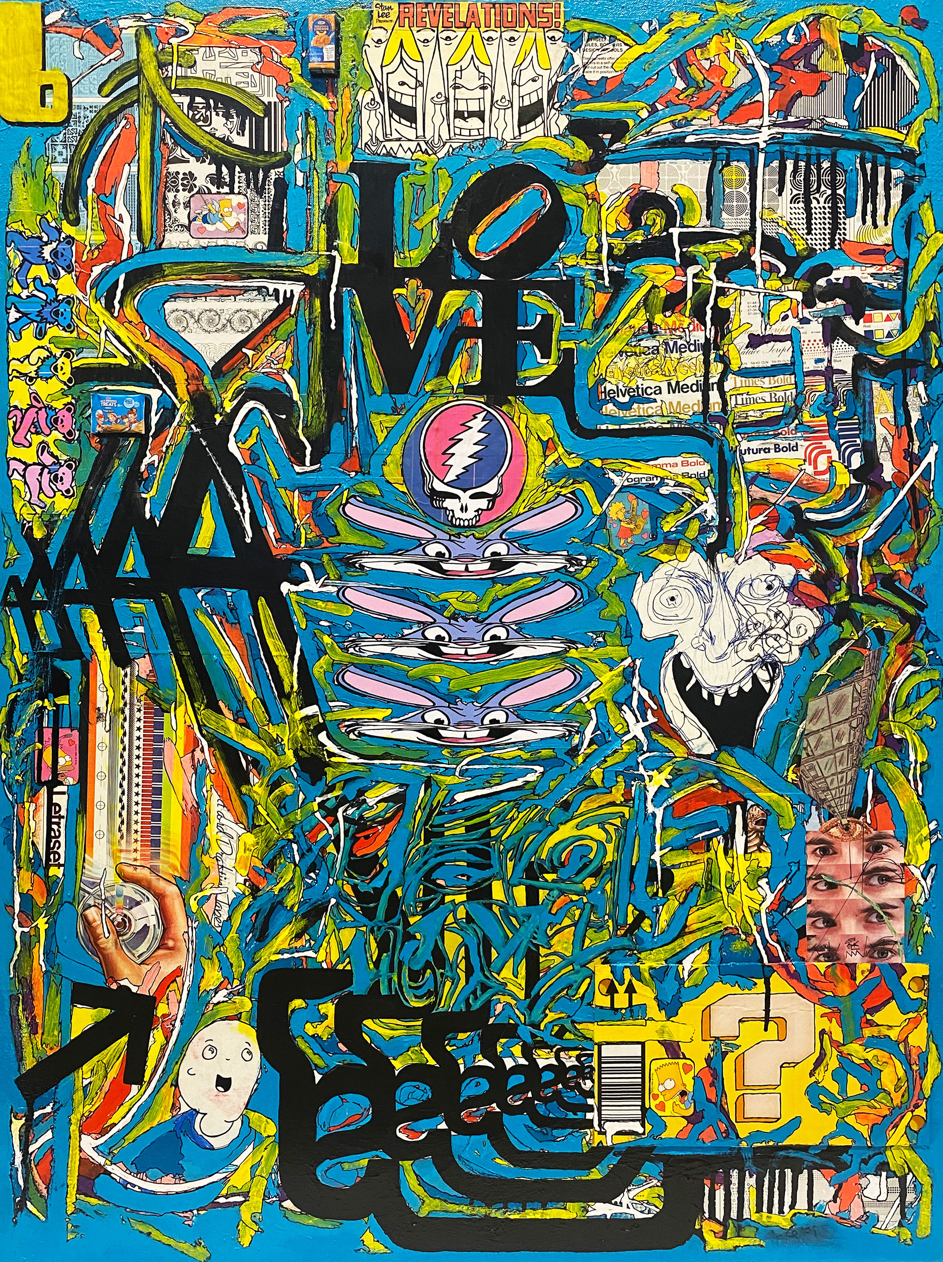 "1997" 2023, mixed media collage, acrylic, marker, white out pen, sketchbook pages, and found images on linen, 40" x 30" 