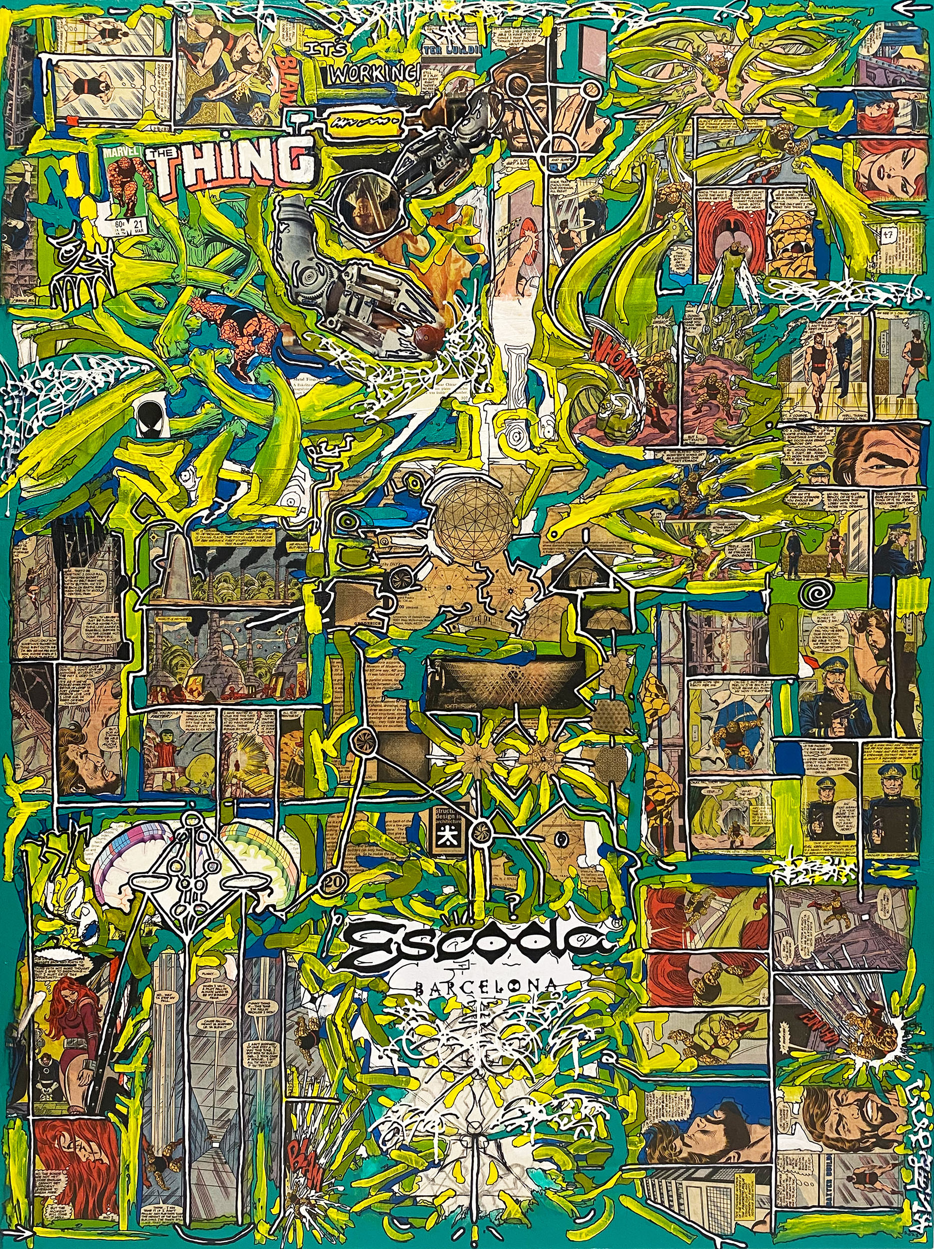 "Elastic Limbs" 2023, mixed media collage, acrylic, marker, white out pen sketchbook pages, and found images on wood panel, 40" x 30" 