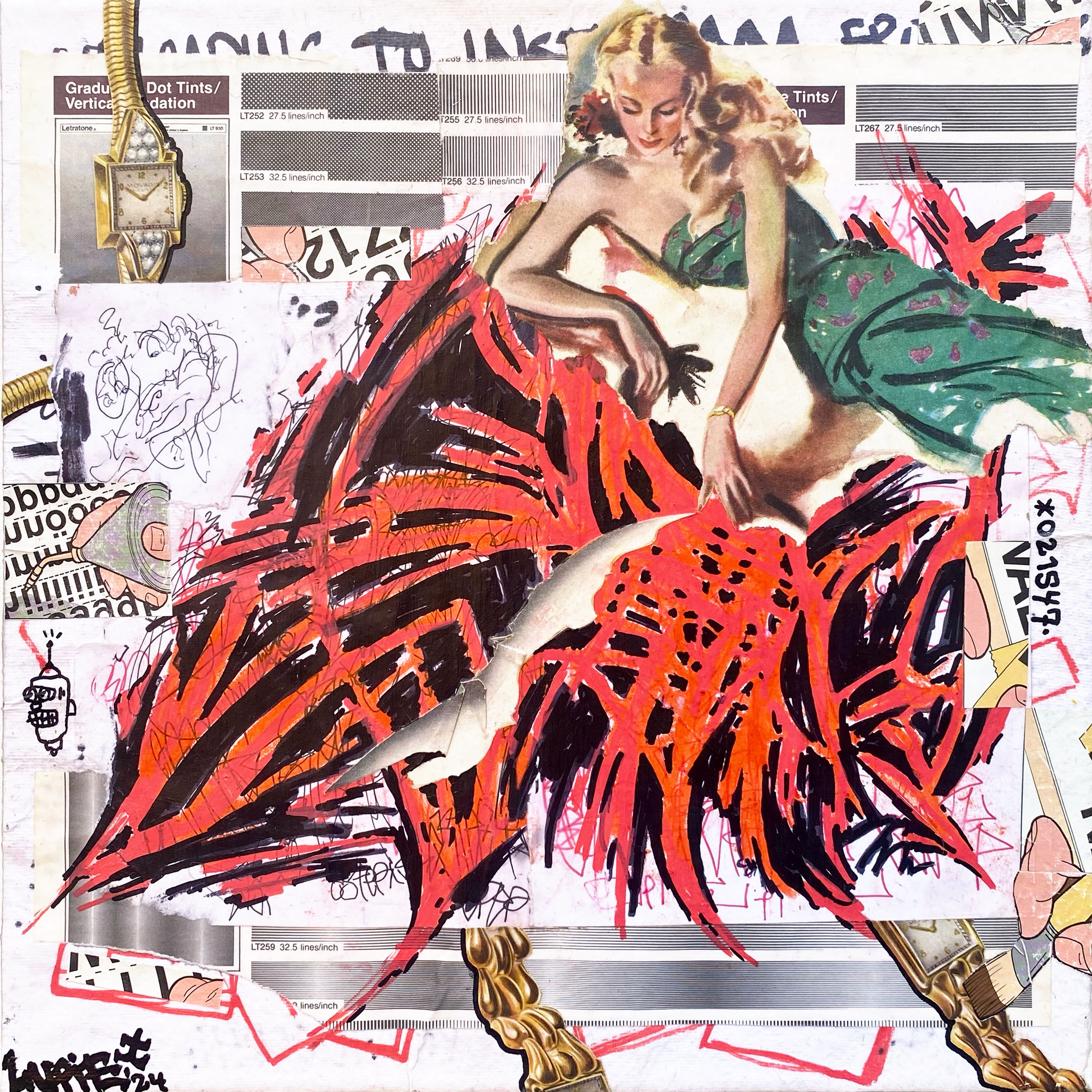 "Playing with Fire" 2025, mixed media collage, marker sketchbook pages and collage on mounted paper, 12" x 12"