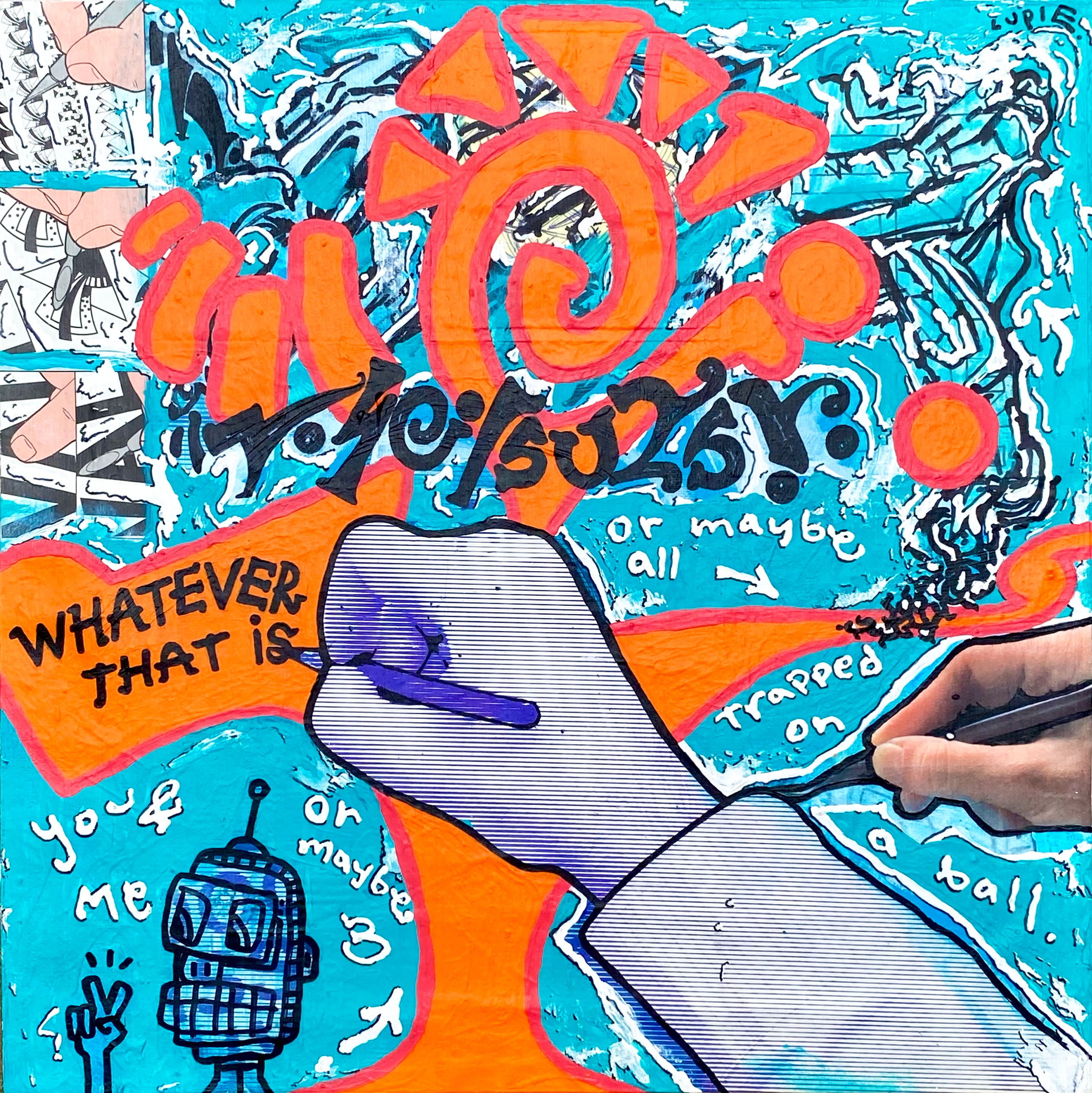 "Whatever" 2025, mixed media collage, acrylic, marker and found images mounted on paper, 12" x 12"