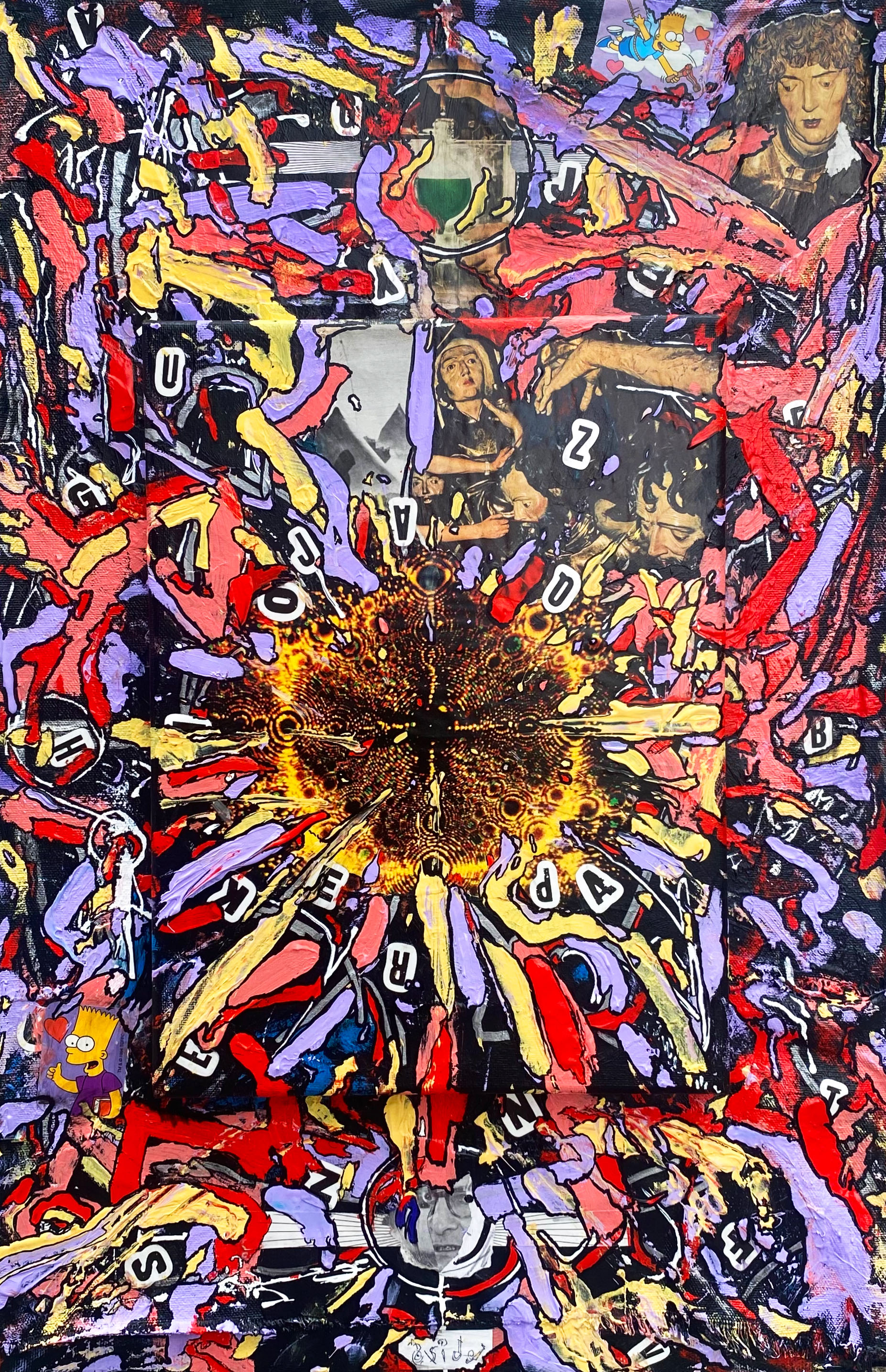 "Solar Flare" 2023, mixed media collage, acrylic, marker and found images on canvas, 22" x 14"