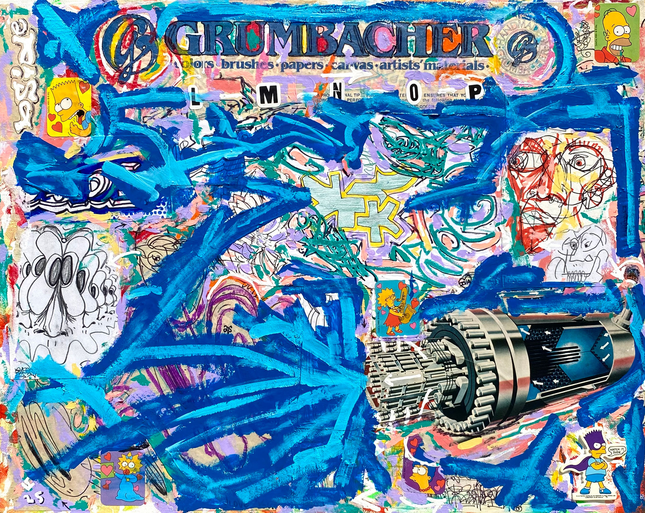 "Grumbacher" 2023, mixed media collage, acrylic, marker, sketchbook pages and found images on canvas, 16" x 20" 
