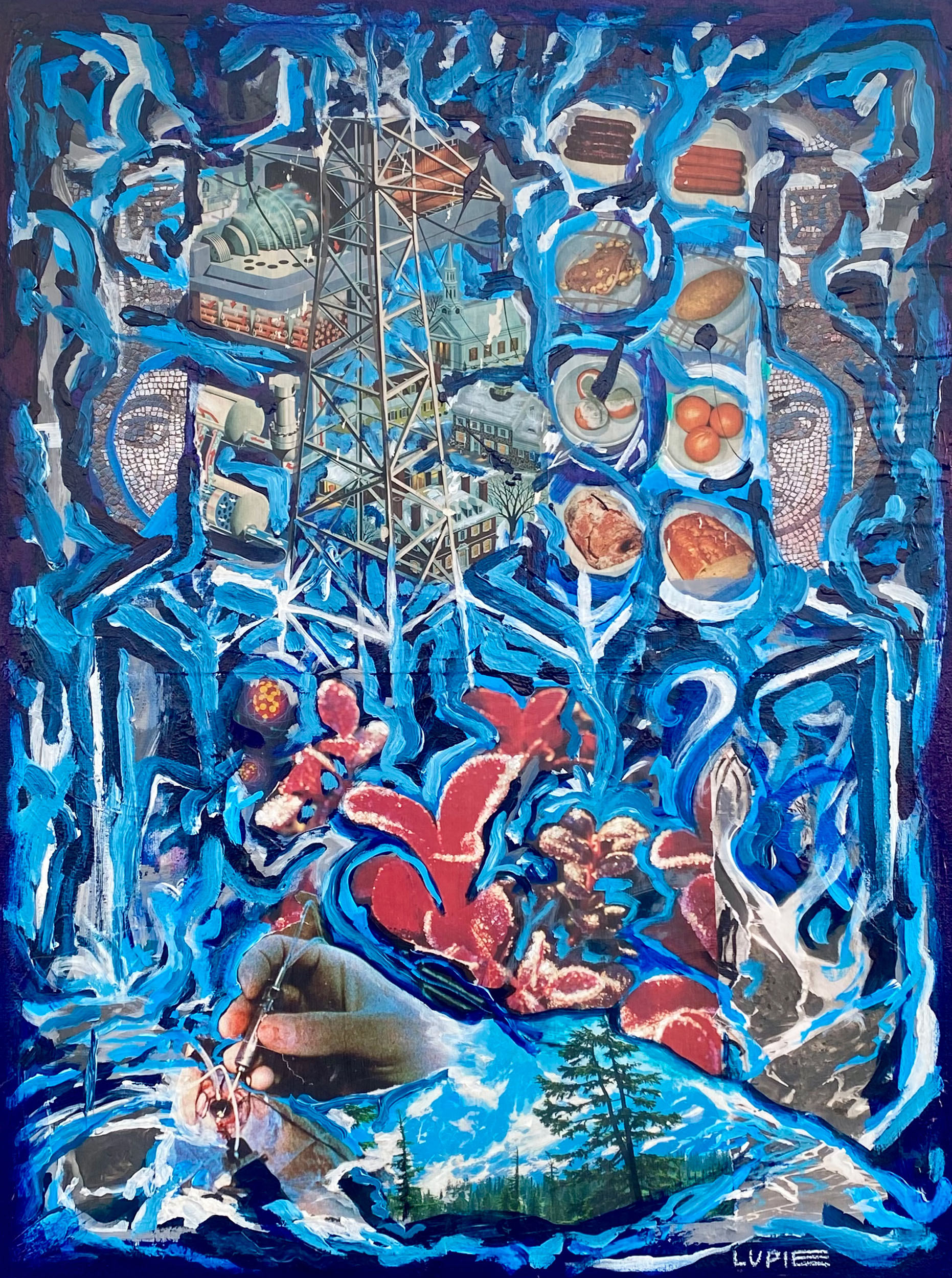 "Dasani" 2024, mixed media collage, acrylic, marker sketchbook pages and found images on canvas, 24" x 18"