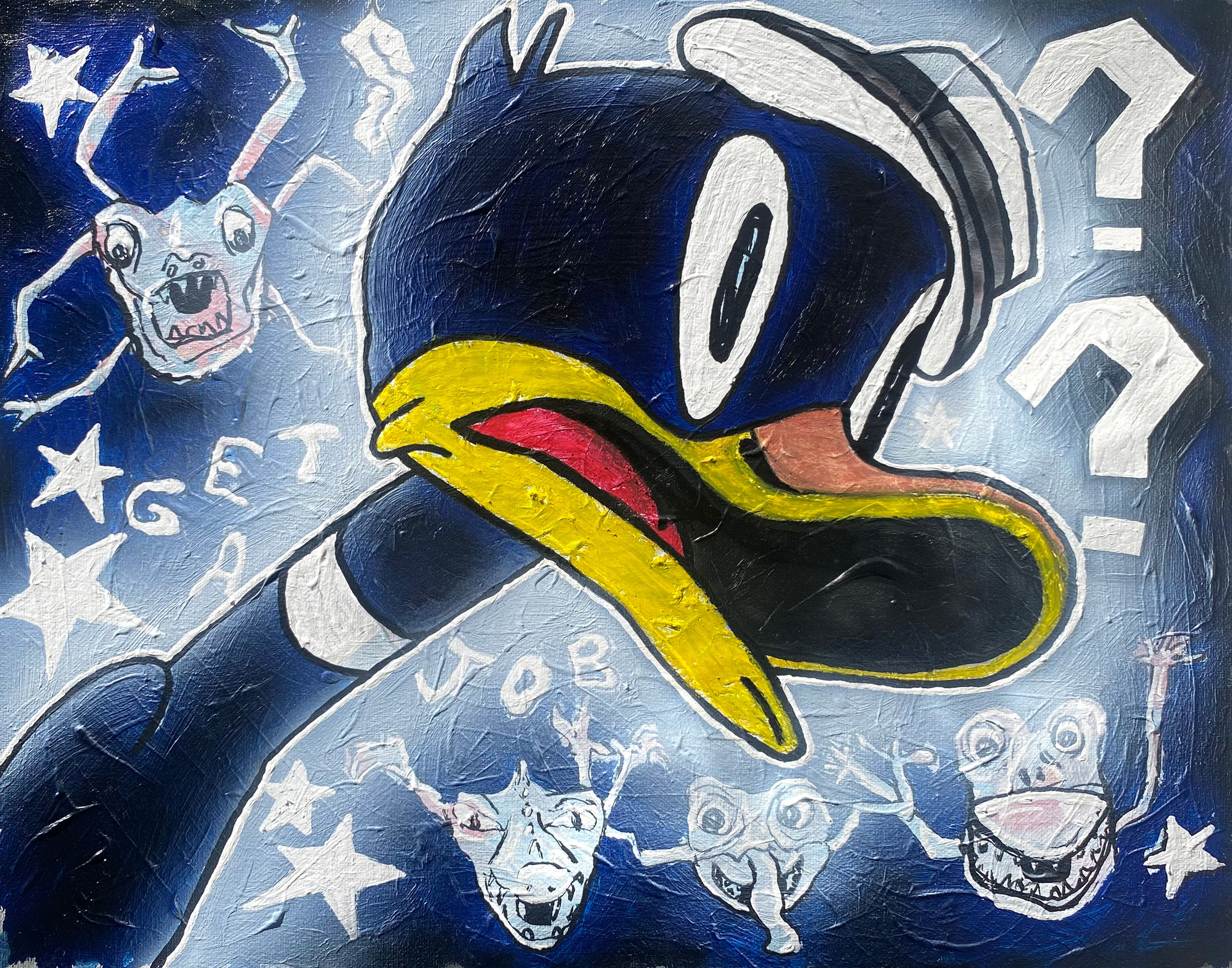 "Get a Job" 2024, mixed media painting, acrylic, white out marker, oil pastel and airbrush on canvas, 14" x 18" 