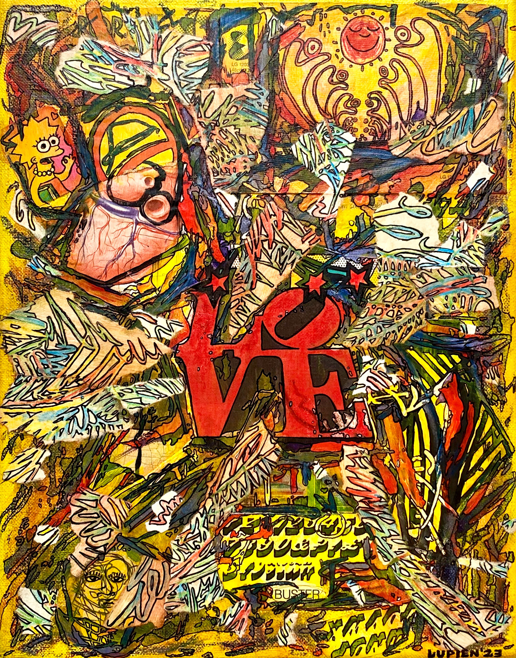 "Orange Sunshine" 2023, mixed media collage, marker sketchbook pages and found images on linen, 14" x 11"