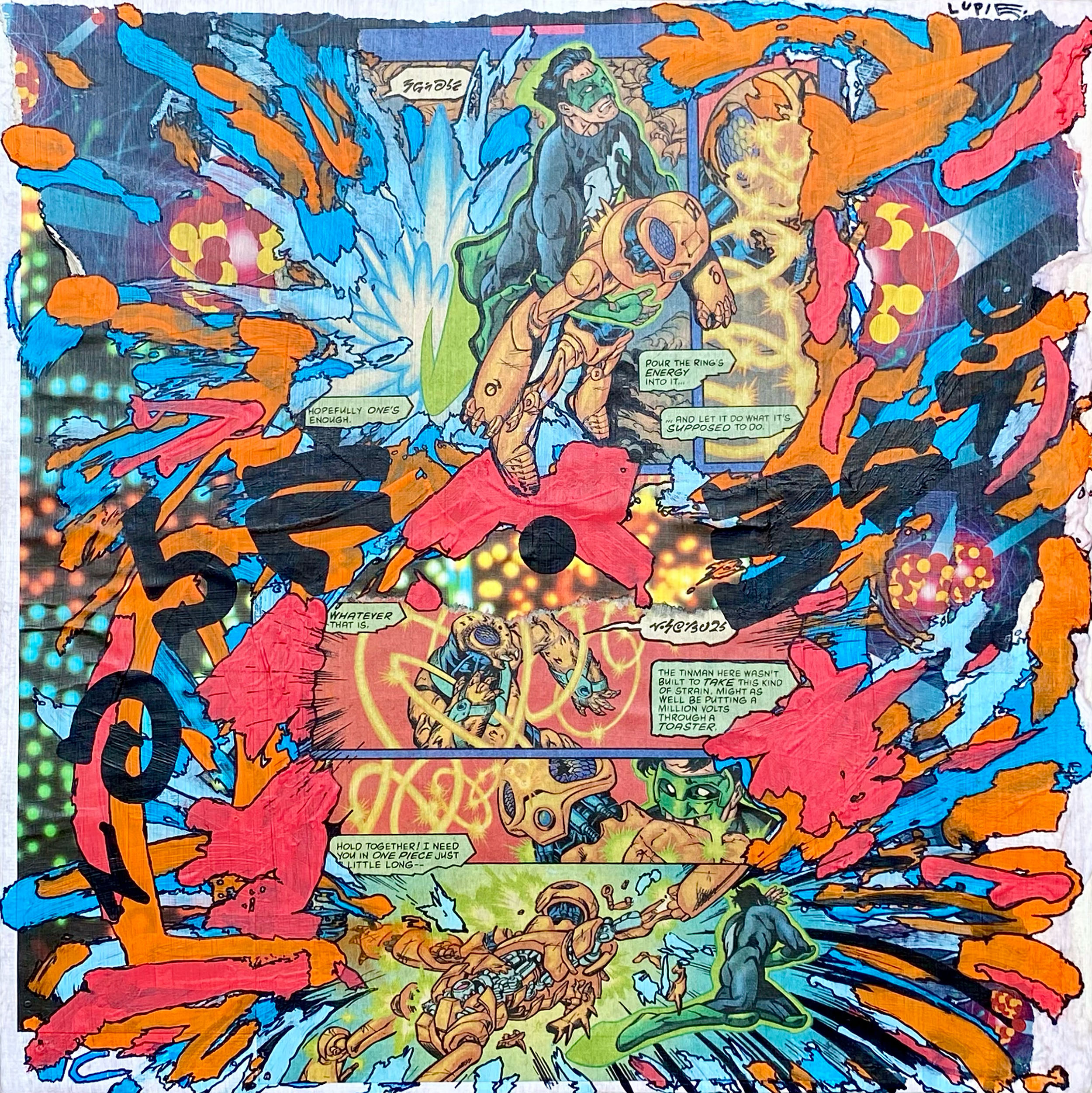 "A Million Volts" 2025, mixed media collage, acrylic, sketchbook pages and found images on mounted paper, 12" x 12" 