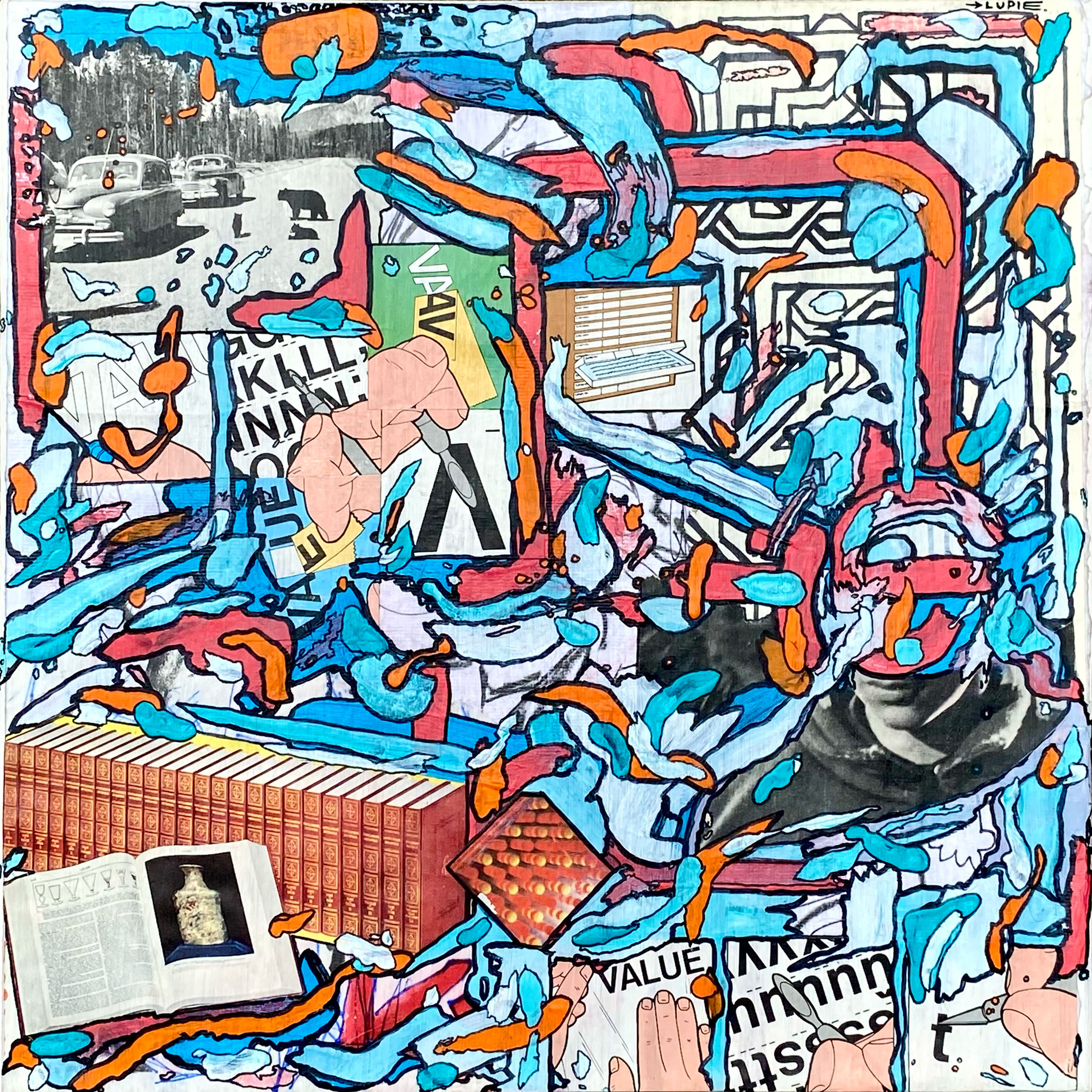 "Value" 2025, mixed media collages, acrylic, marker, sketchbook pages and found images on mounted paper, 12" x 12"