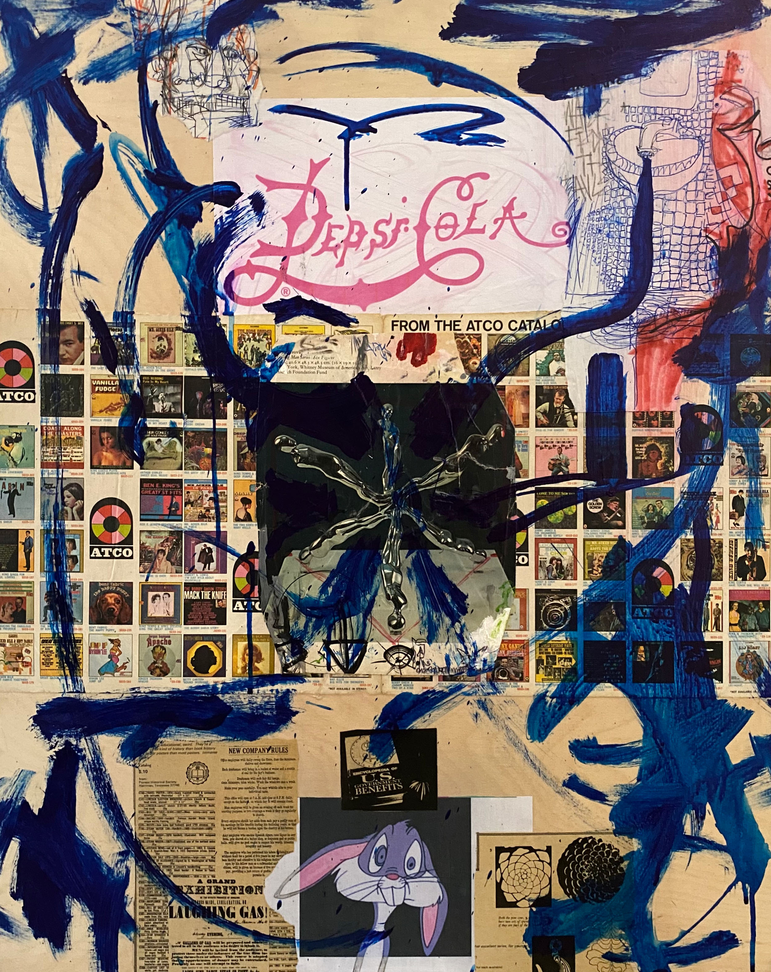 "Laughing Gas" 2023, Mixed media collage, acrylic, found images and sketchbook pages on wood panel, 30" x 24" 