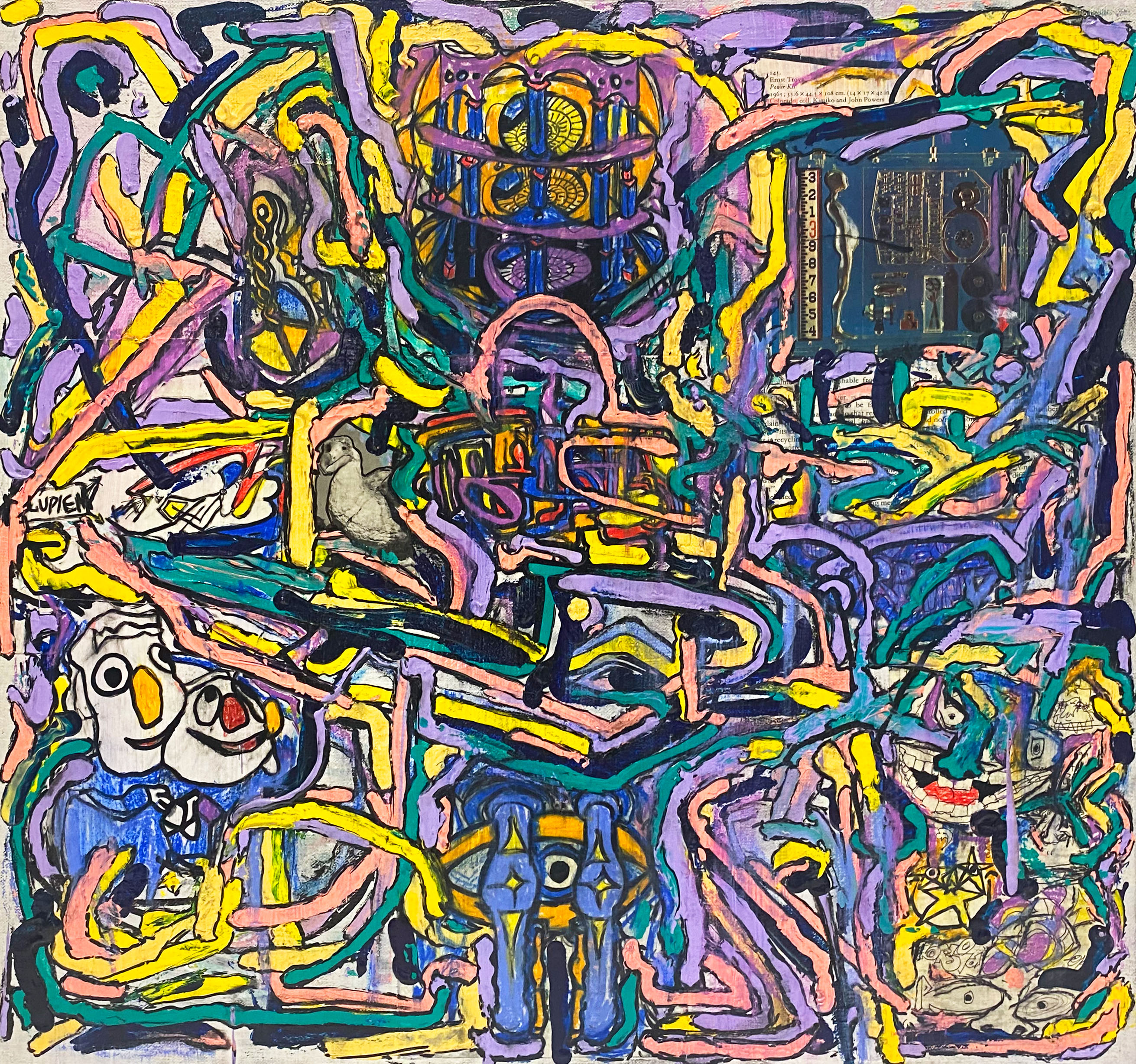 "3D Pipes" 2023, mixed media collage, acrylic, marker, sketchbook pages, and found images on canvas, 23" x 25"