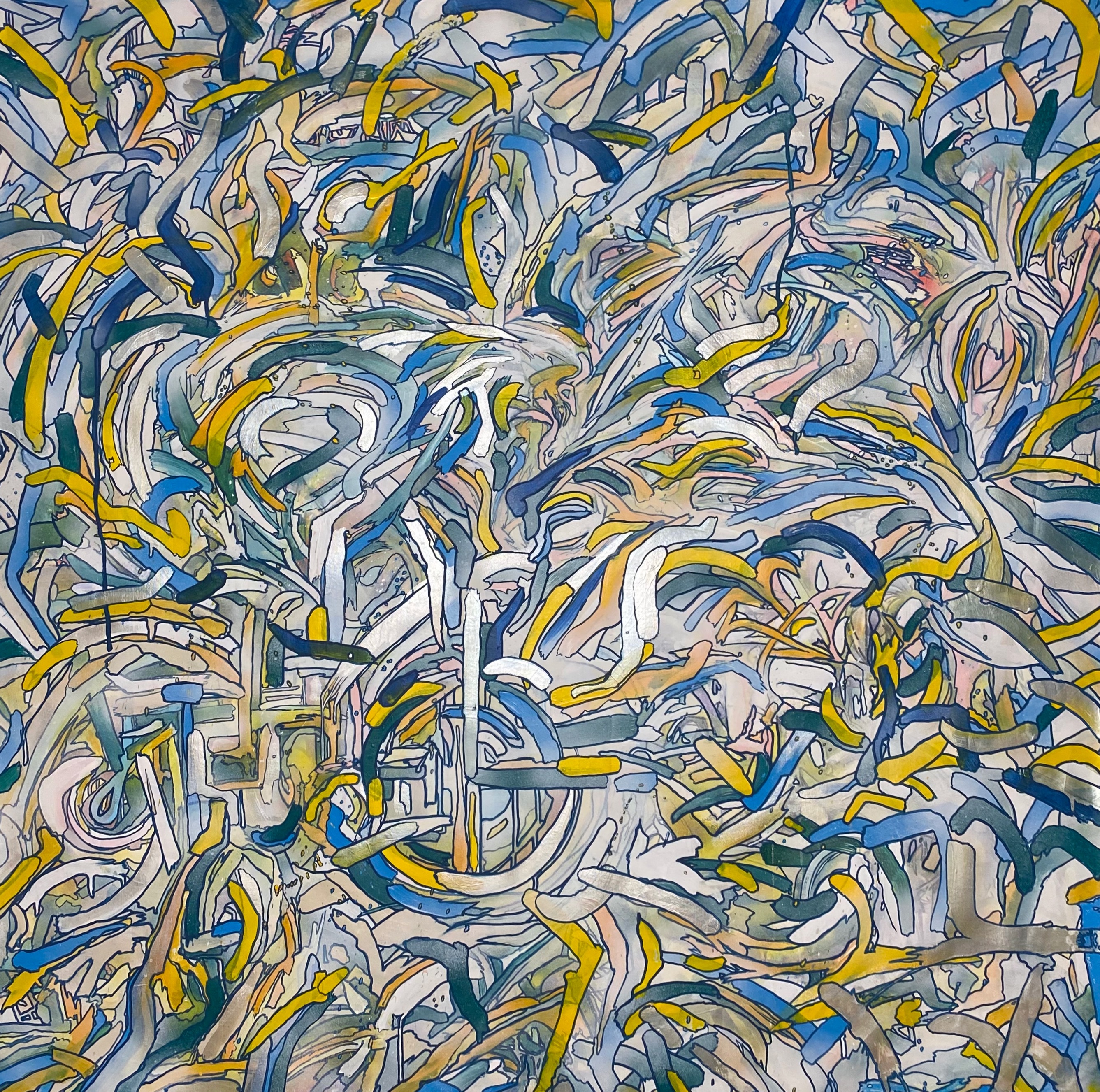  "Convection Currents" 2023, Acrylic, spray paint and marker on unstretched canvas, 58" x 58" 