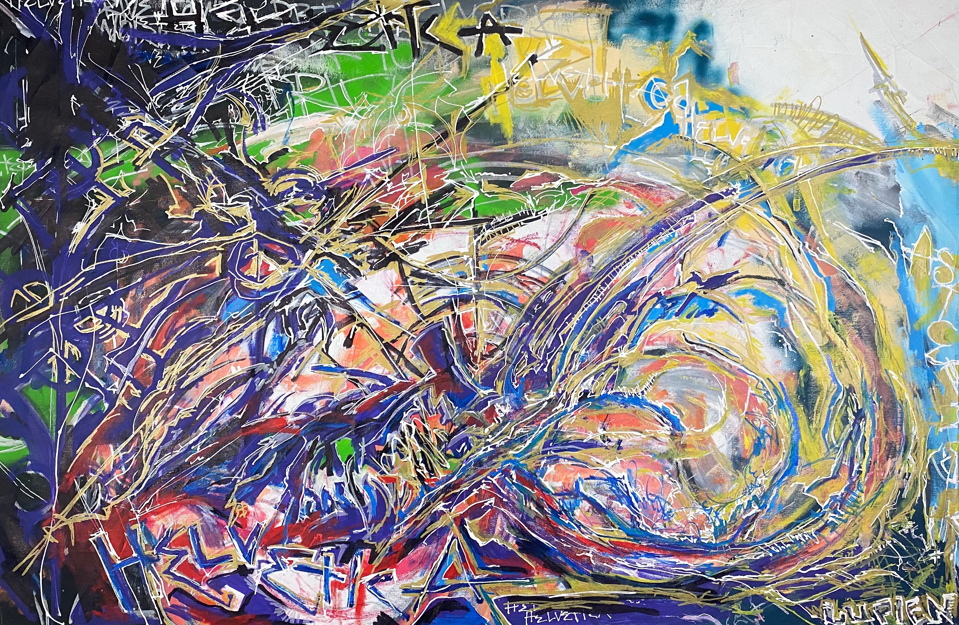 "Helvetica" 2020, Acrylic, white out marker and marker on unstretched canvas, 40" x 53"