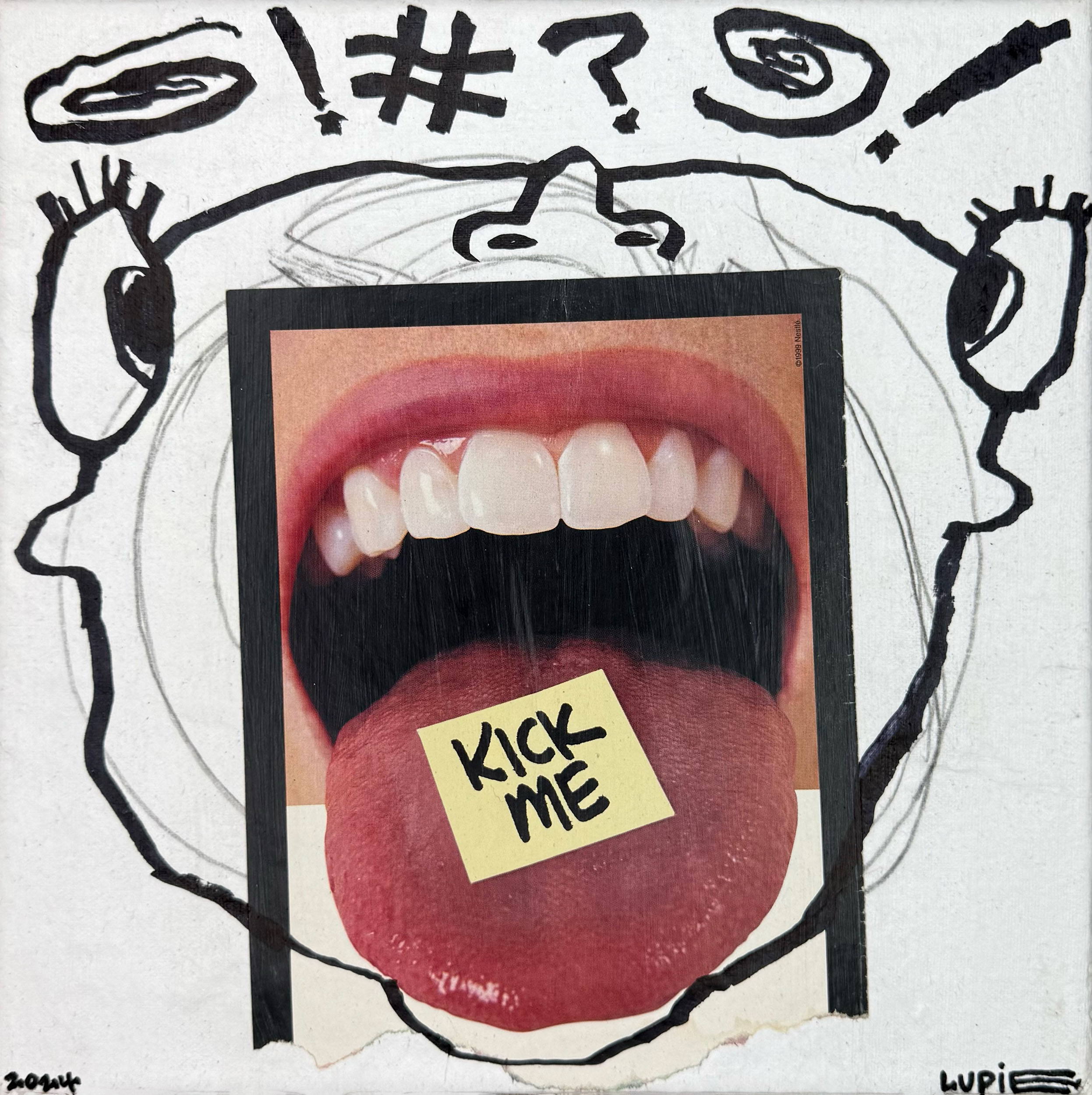 "Kick Me" 2025, Mixed media collage, found images, marker and pencil on mounted paper, 12" x 12" 