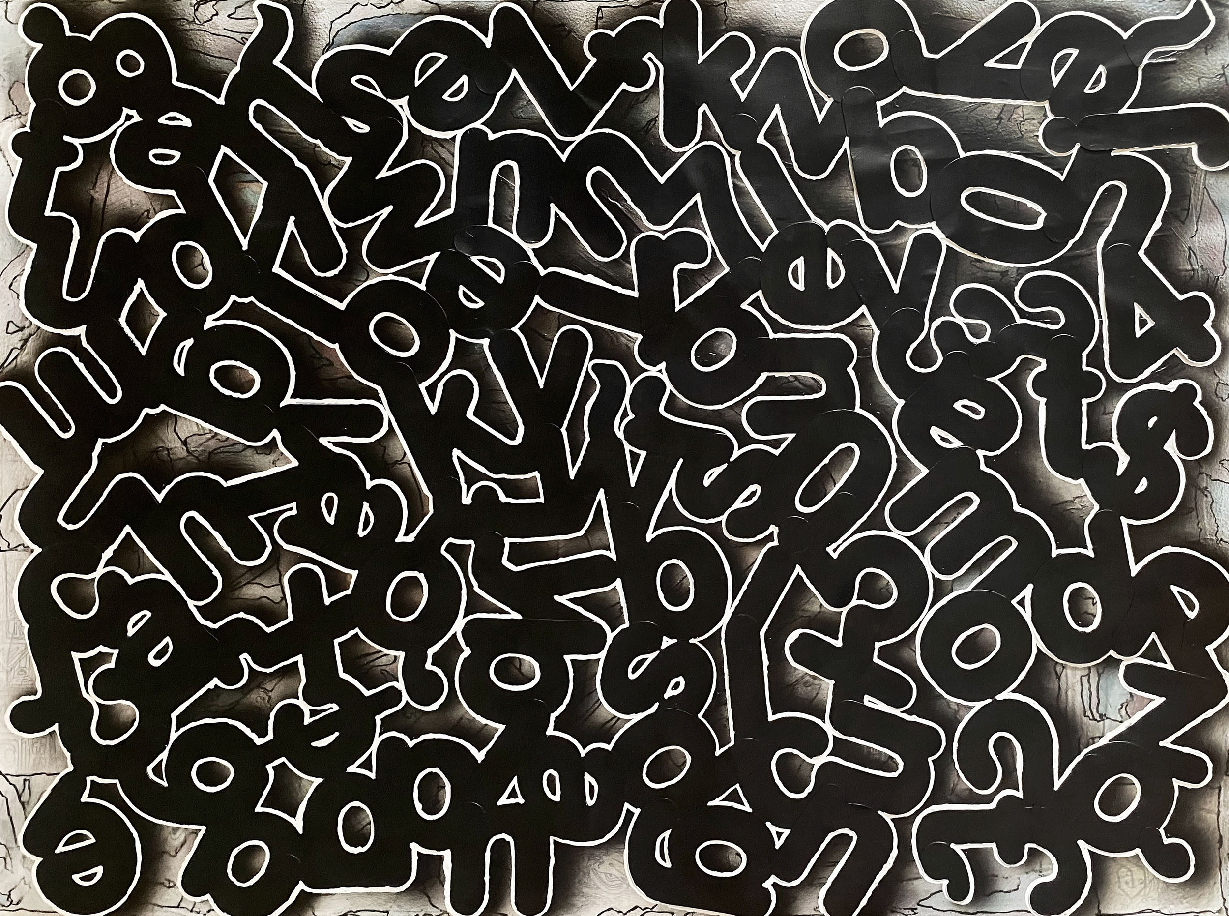 "Labyrinth" 2024, Mixed media collage, white out marker, marker, and airbrush on paper, 22" x 30" 