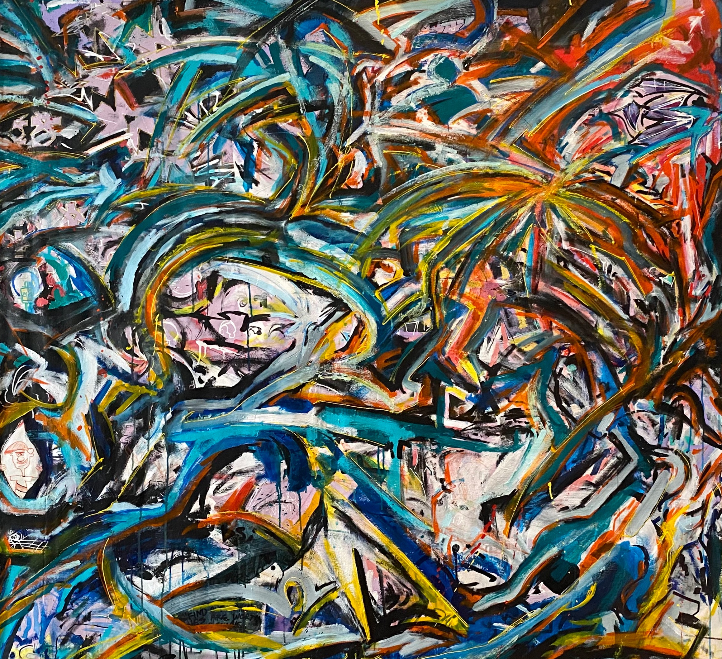 "Seeing Stars" 2023, Acrylic and marker on unstretched canvas, 58" x 64" 