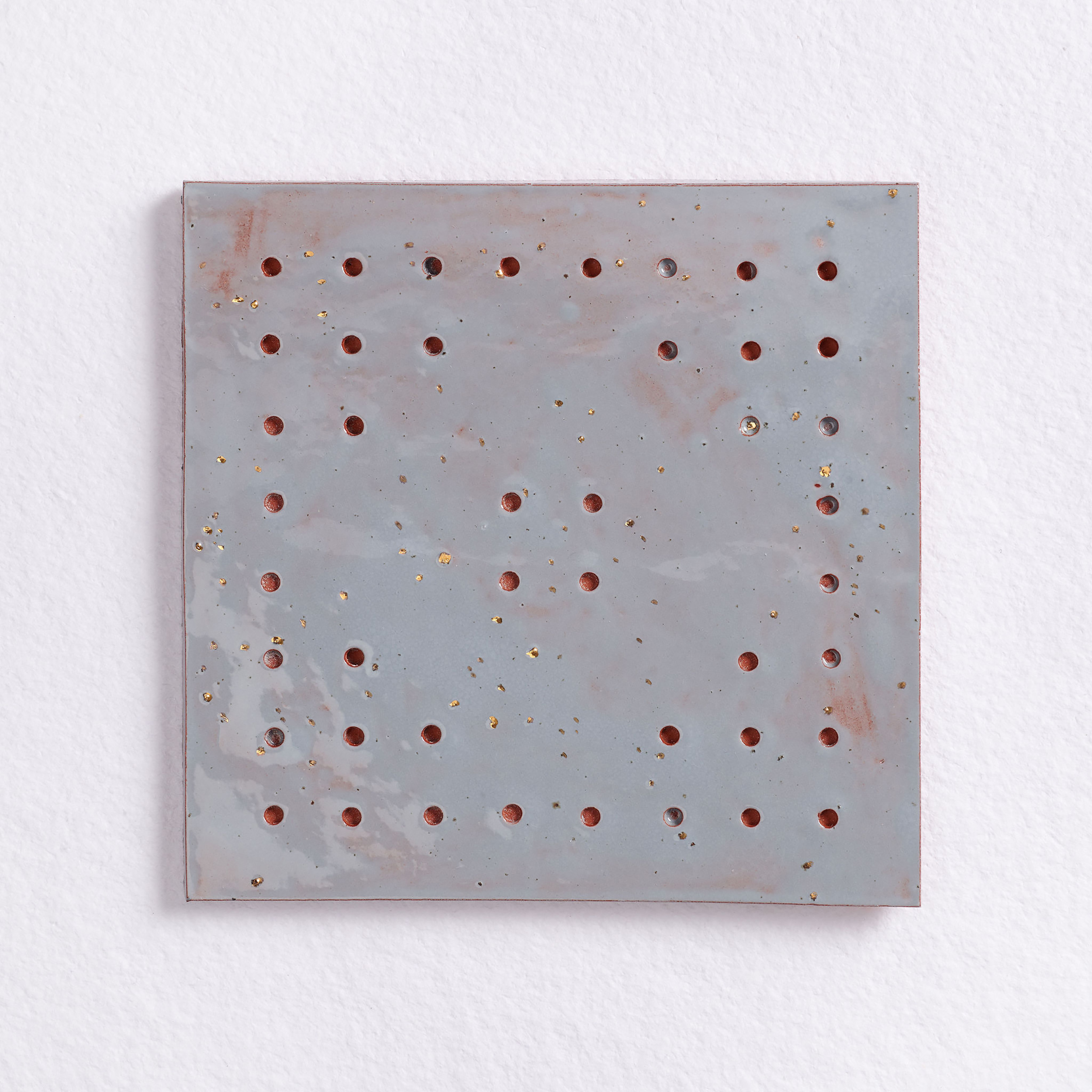 “Devotions No.11” Ceramic Wall Sculpture, Glazed terra cotta earthenware clay, gold luster, 8”x 8” x 3/8”