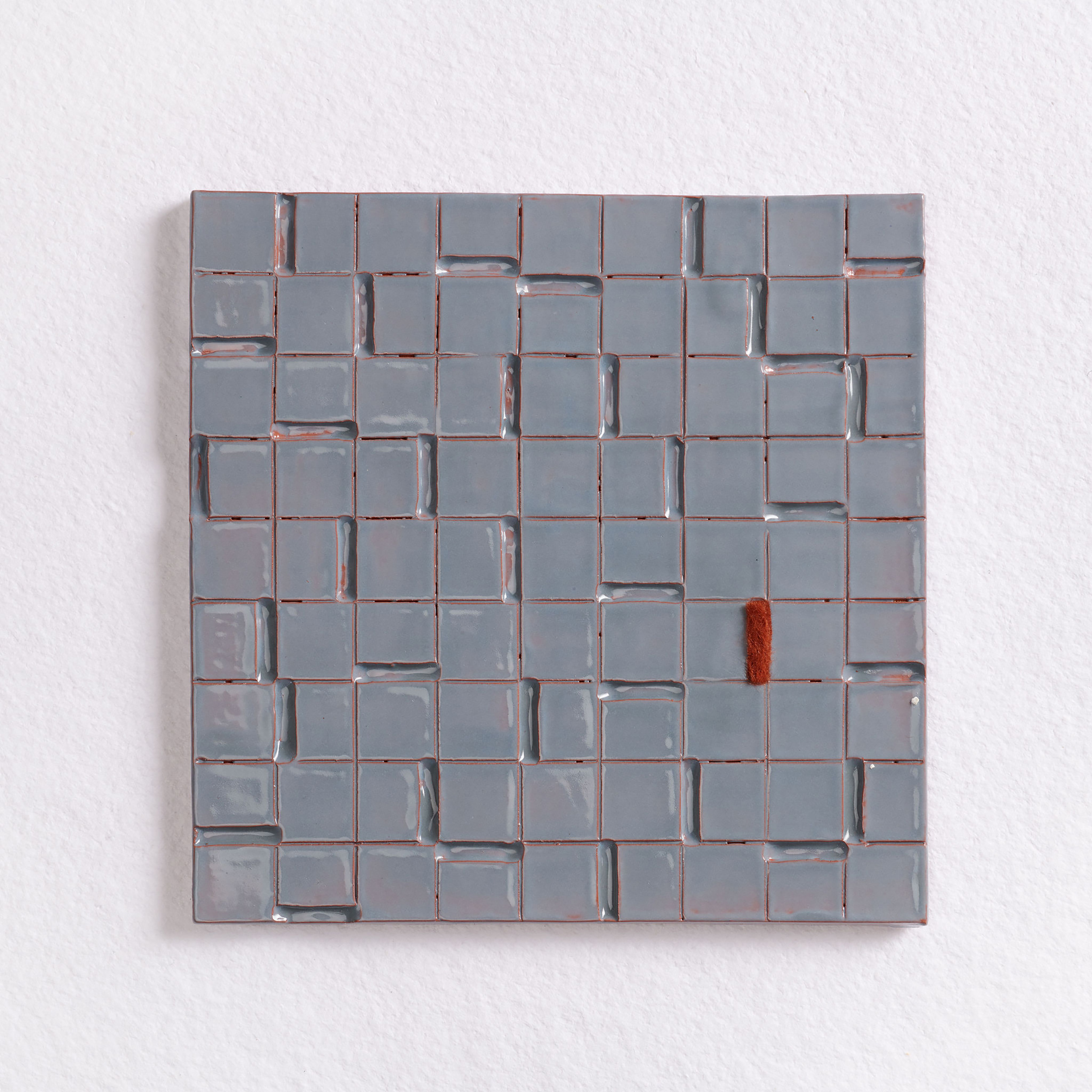 “Markings "Rust" No.2” Ceramic Wall Sculpture, Glazed terra cotta earthenware clay, Corriedale wool, 8”x 8” x 3/8”