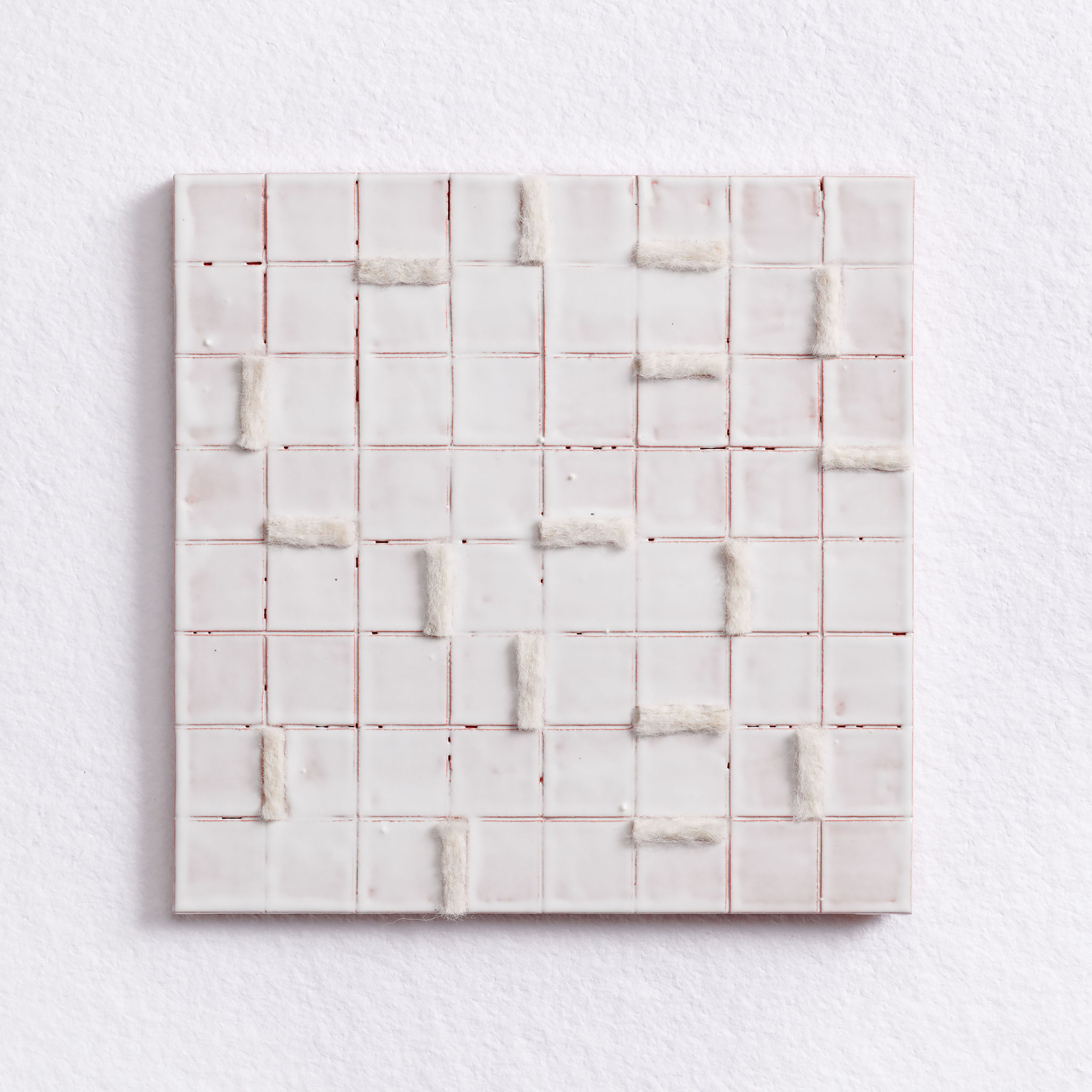 Markings "Whisper White" No.3” Ceramic Wall Sculpture, Glazed terra cotta earthenware clay, Corriedale wool, 8”x 8” x 3/8”