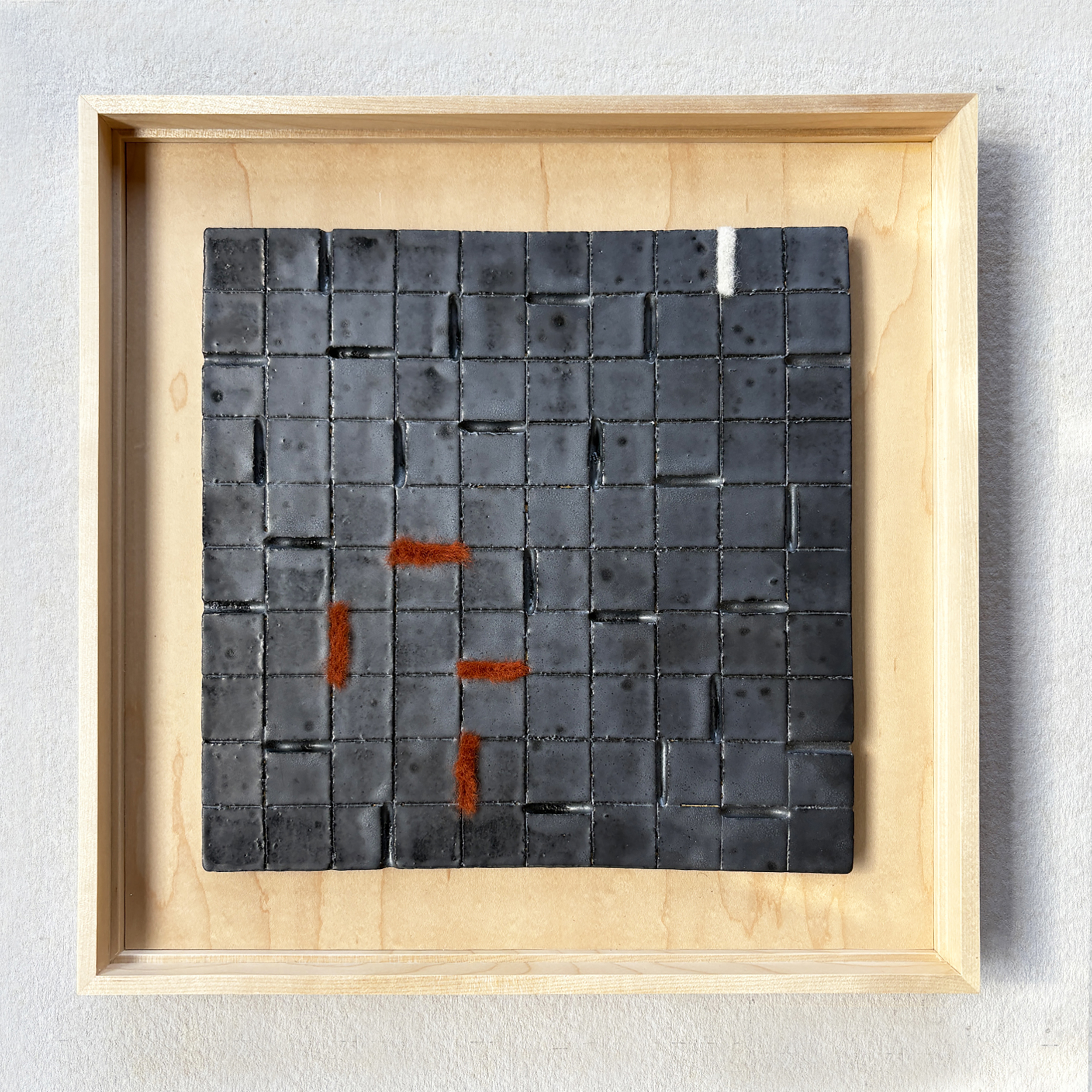 “Markings No.4” Ceramic Wall Sculpture, Glazed stoneware clay, Corriedale wool, 9.5” x 9.5” x 3/8” 