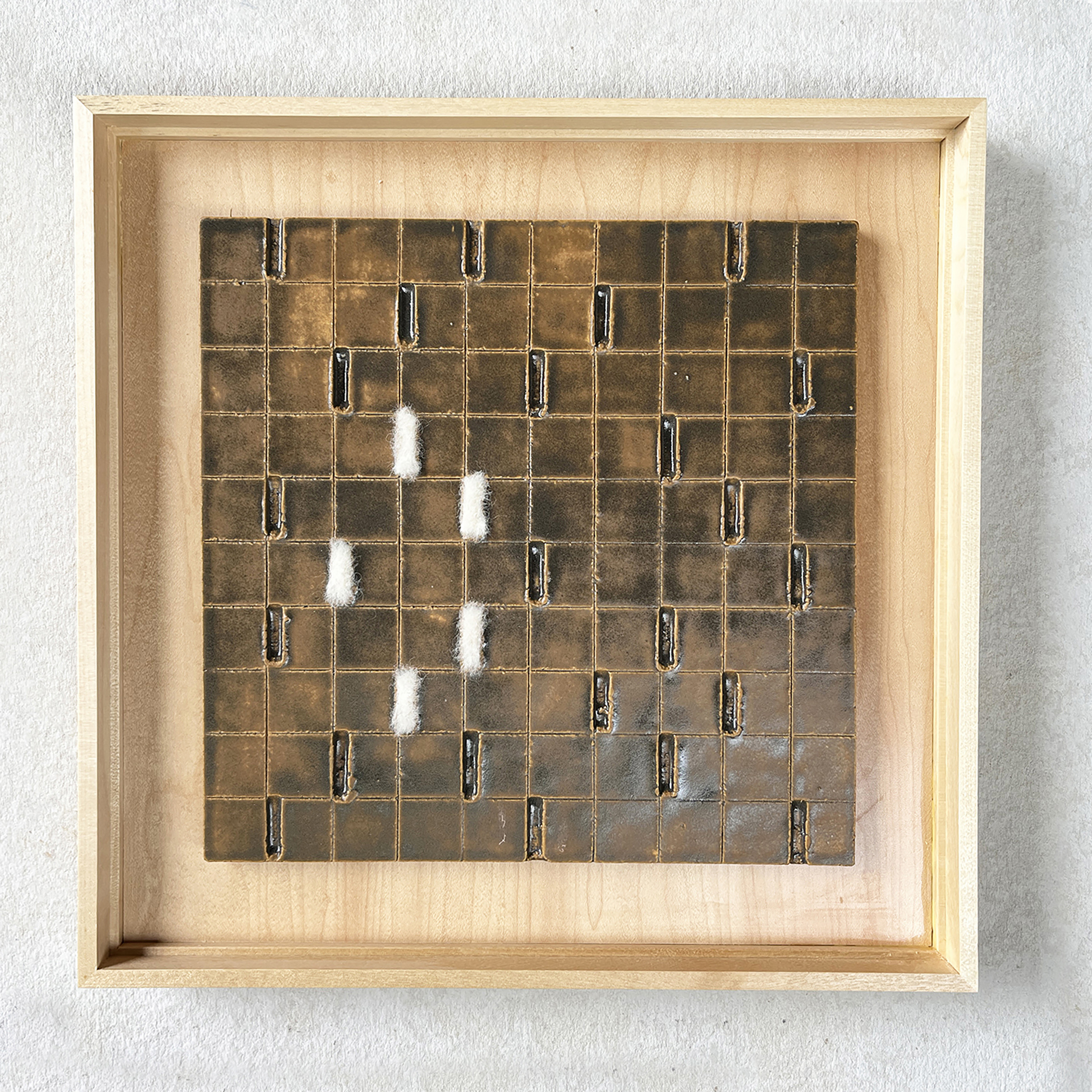 “Markings No.5” Ceramic Wall Sculpture, Glazed stoneware clay, Corriedale wool, 9.5” x 9.5” x 3/8” 