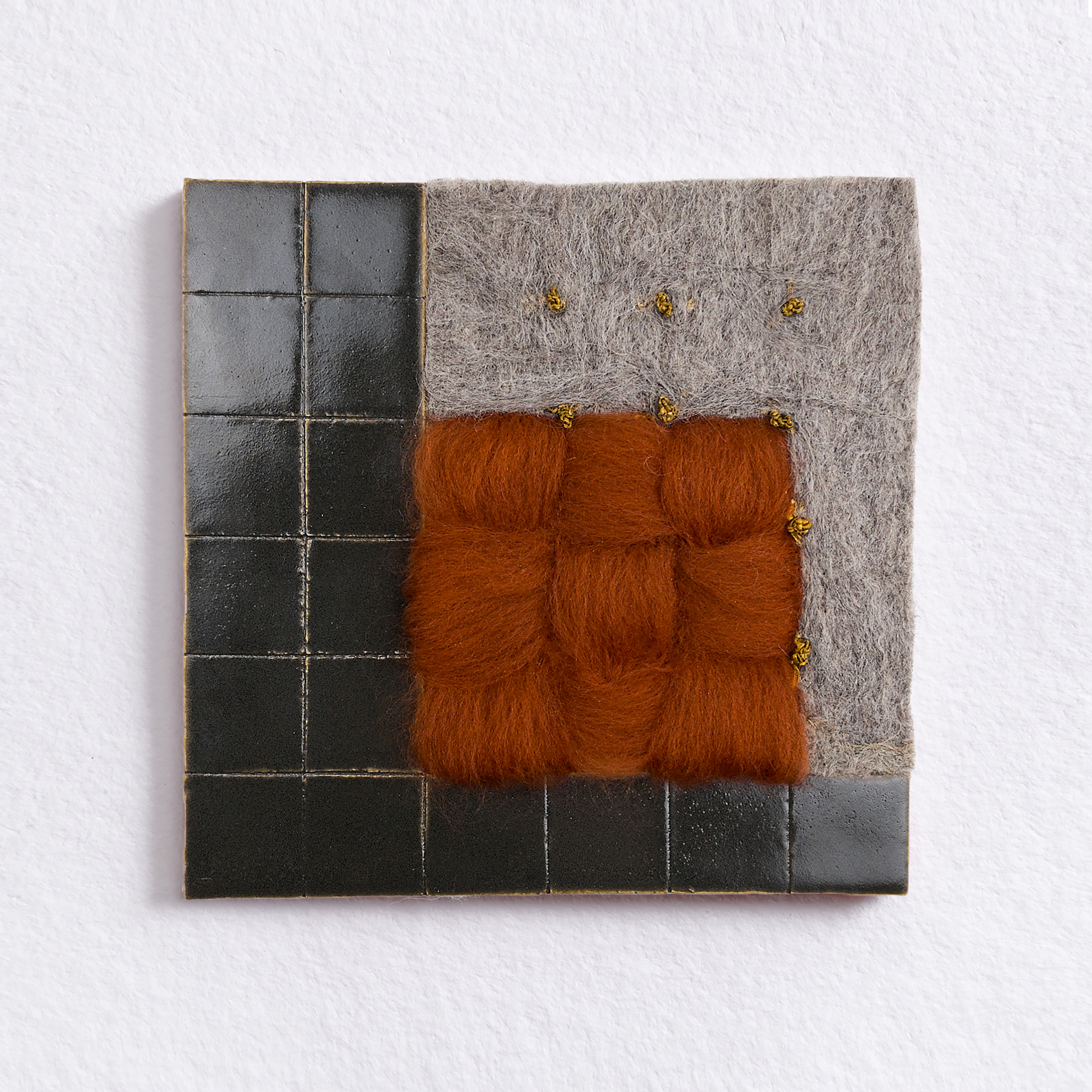 “Thresholds No.3” Ceramic Wall Sculpture, Glazed stoneware clay, Corriedale wool, 8”x 8” x 3/8”