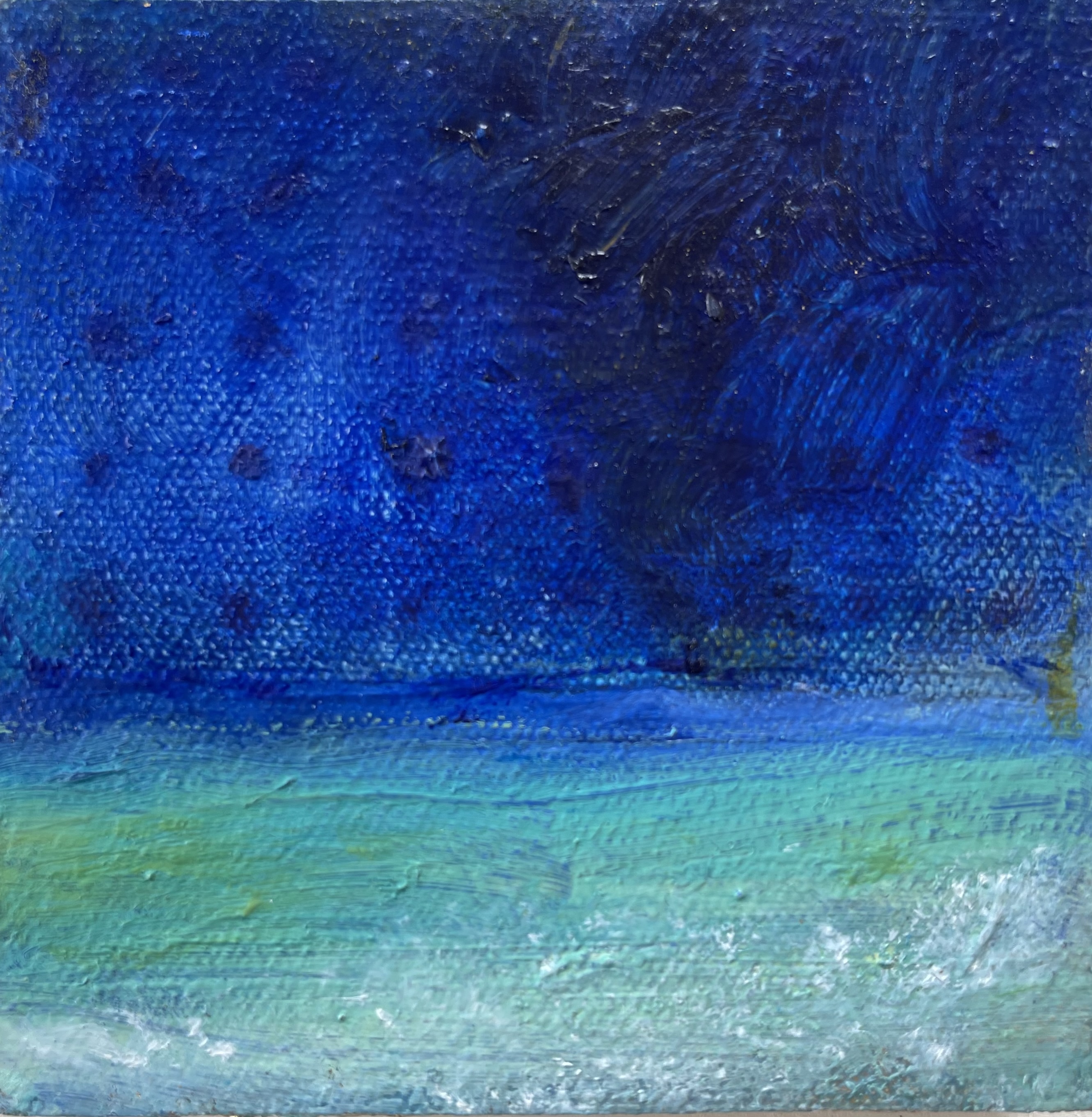 “Stars in the Sky / Tropic of Capricorn” oil on canvas mounted on birchwood panel, 4 x 4 inches