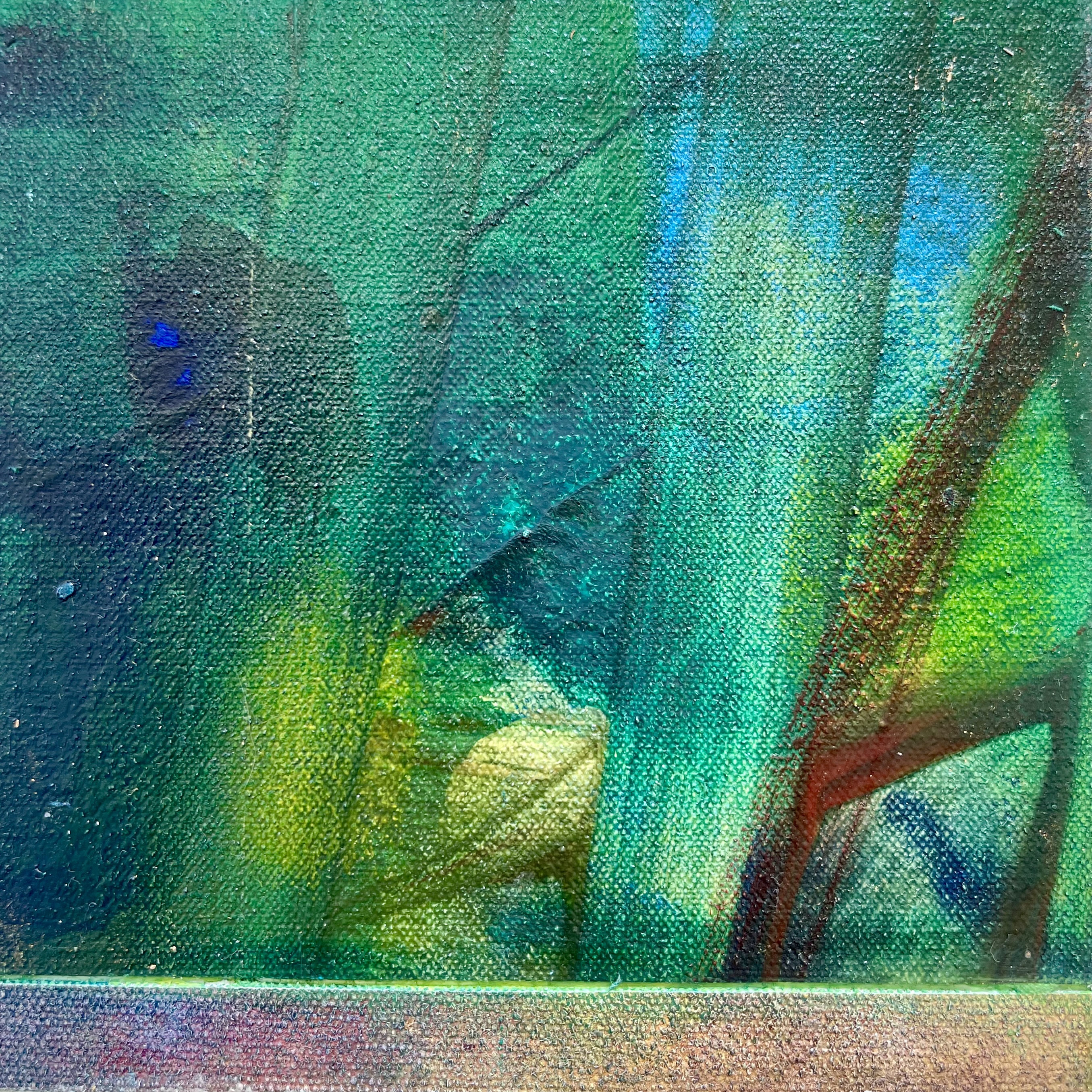 “Green / Tropic of Capricorn” oil on canvas, collage, birchwood panel, 6 x 6 inches