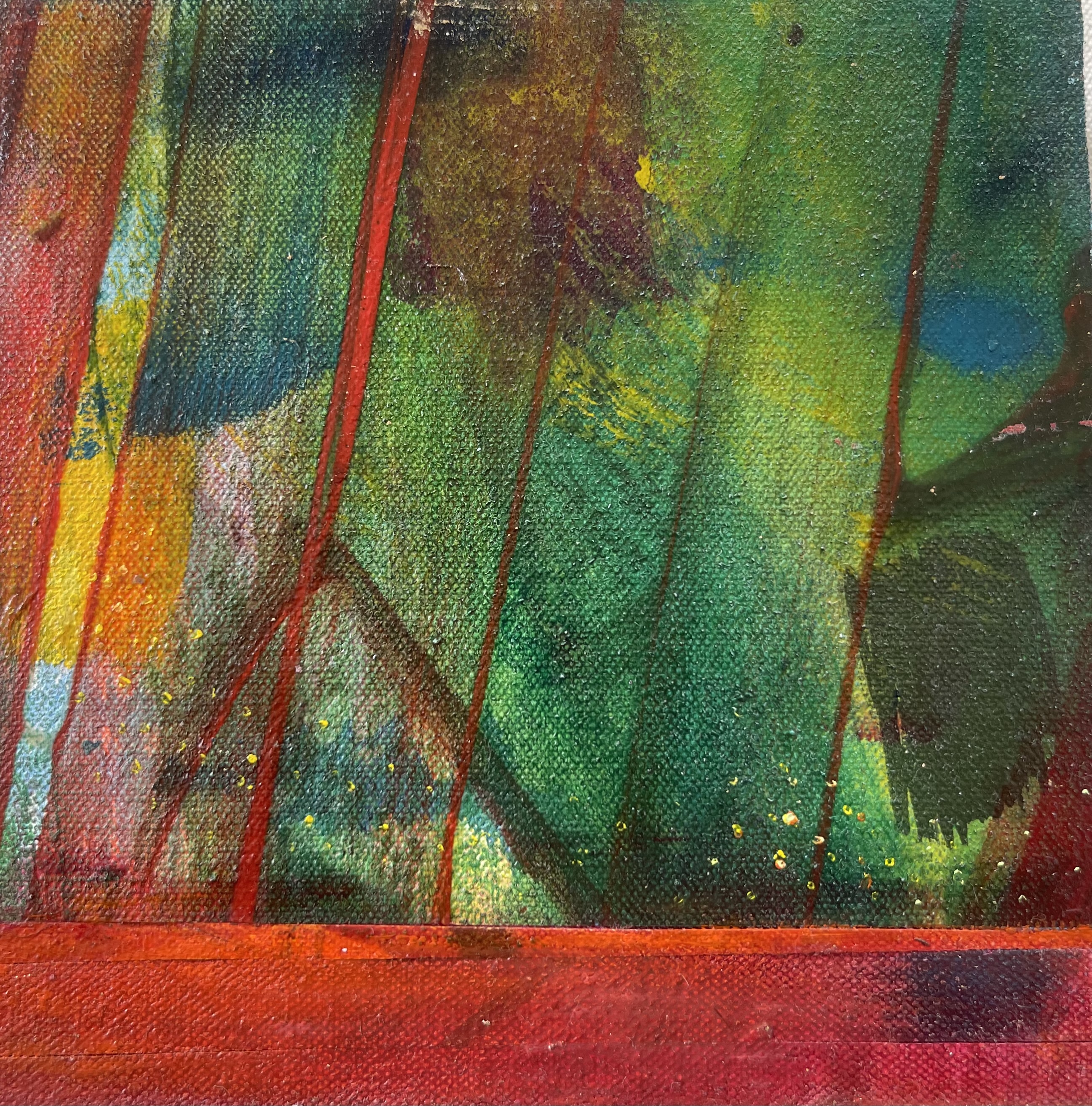 “Red / Tropic of Capricorn” oil on canvas/collage/birchwood panel, 6 x 6 inches