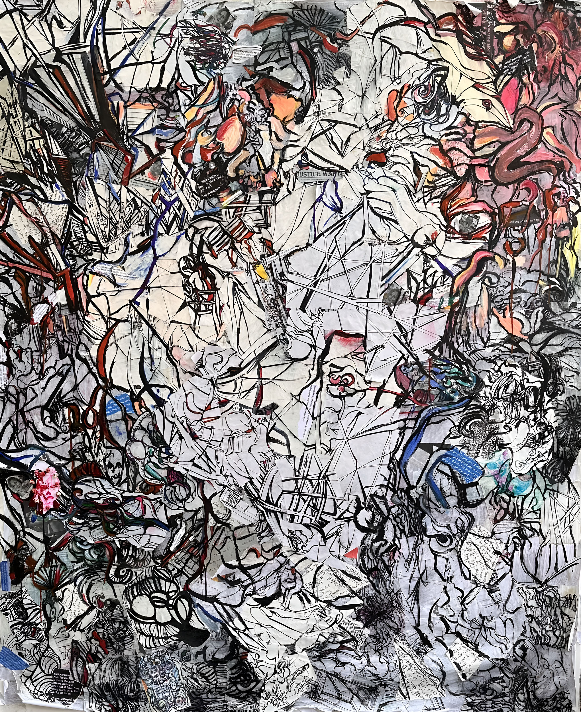 “Chaos” 2024, mixed media, paper, ink, acrylic and found objects on canvas, 6” x 5”