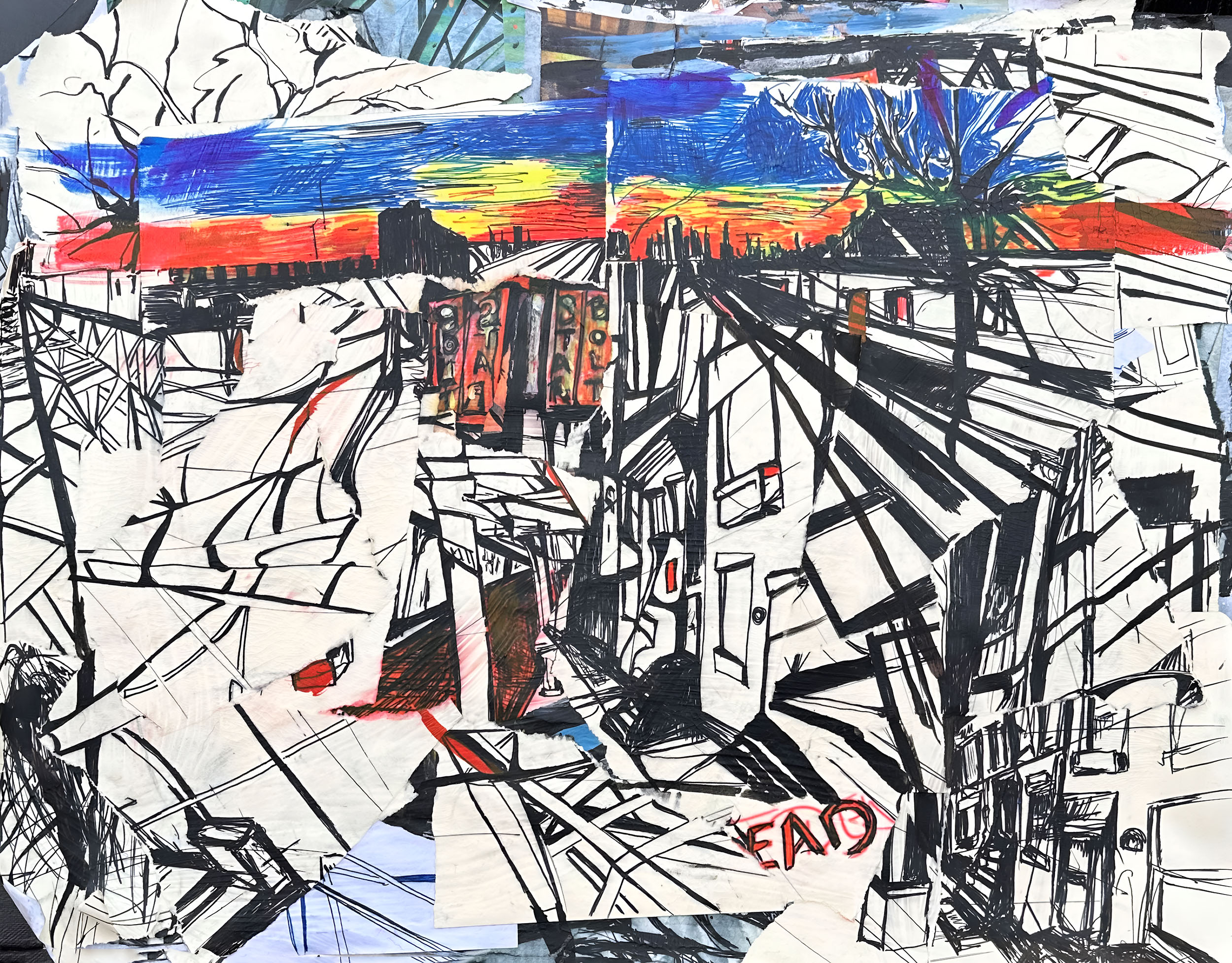 “The City” 2025, mixed media paper, ink, acrylic on canvas, 16” x 20”