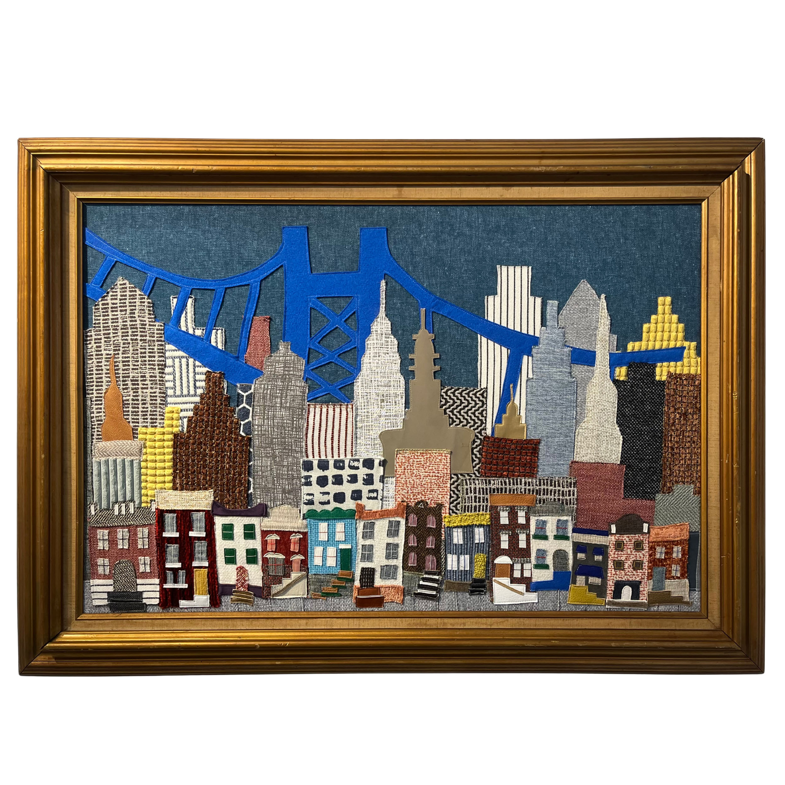“Philadelphia Akimbo” Repurposed linen, cotton, polyester, upholstery blends, pleather, leather, paper, merino, vinyl, sashiko thread, and embroidery thread, 31" x 43" x 2"