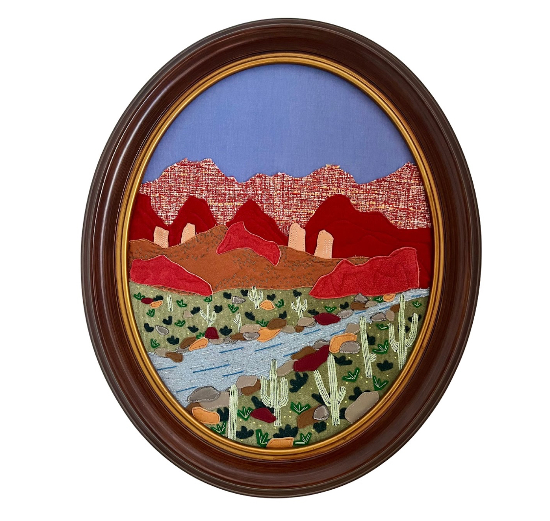 “Within Reach” Repurposed cotton, leather, polyester, upholstery blends, vinyl, felted wool, embroidery thread, and sashiko thread, 24" x 20" x 1.5"