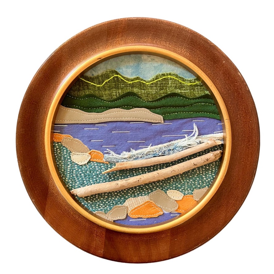 “Pocono” Repurposed hand-dyed cotton, polyester, upholstery blends, wool, vinyl, leather, driftwood, embroidery thread, and sashiko thread, 10" x 1"