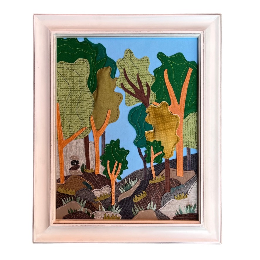 “Canopy” Repurposed cotton, merino, leather, pleather, vinyl, cork, polyester, felted wool, and embroidery thread, 17" x 14" x 1"