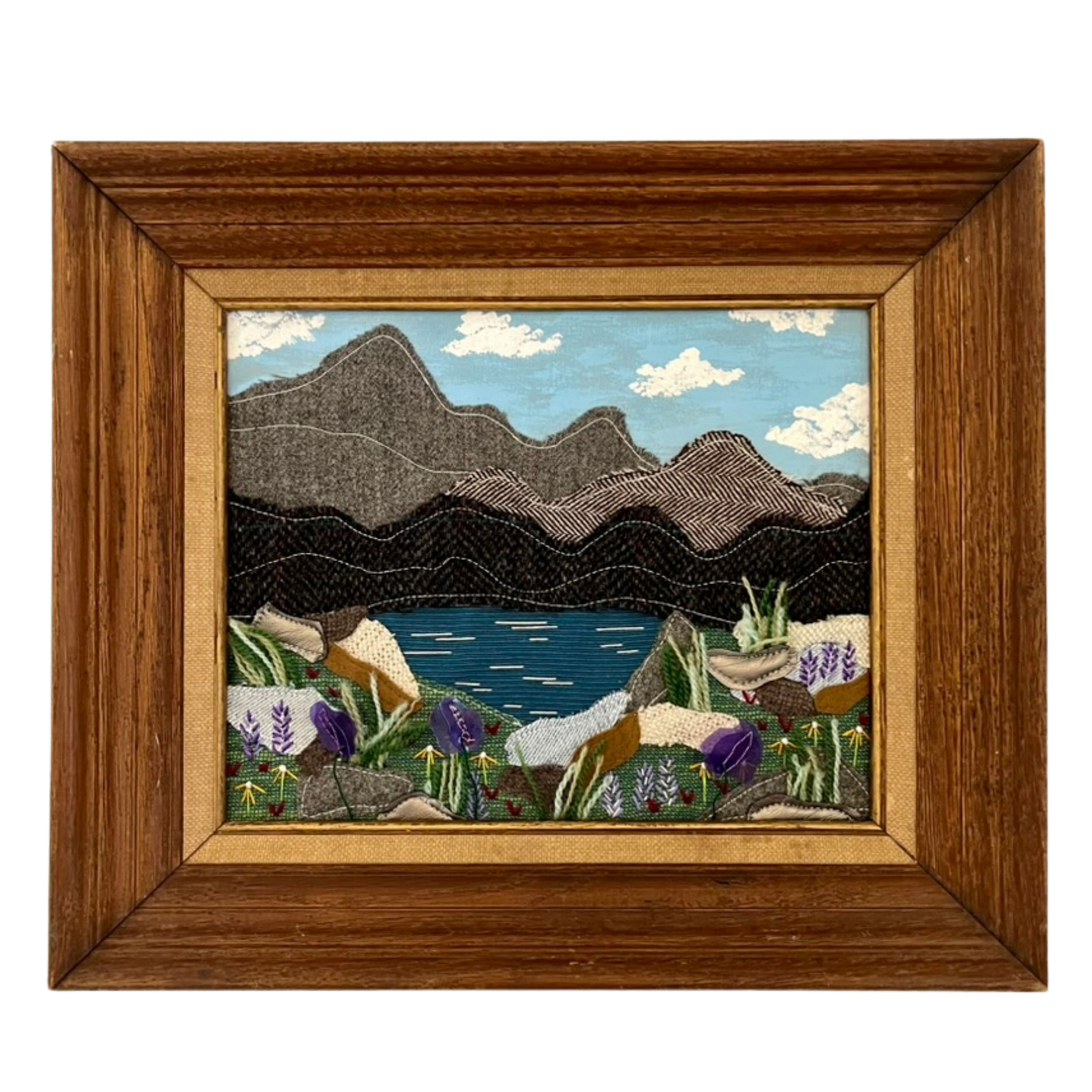 “Forever in Bloom” Repurposed merino, lambswool, leather, cotton, polyester, upholstery blends, vinyl, denim, plastic, wire, embroidery thread, crewel wool yarn, sashiko thread, and acrylic paint, 11.5" x 13.5" x 2”