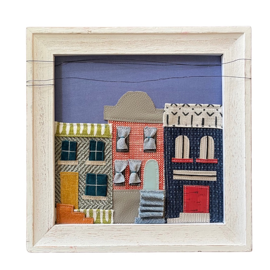 “Power Lines” Repurposed cotton, handprinted liene, leather, polyester, cork, vinyl, denim, embroidery thread, sashiko thread, and wire, 10" x 10" x 1"