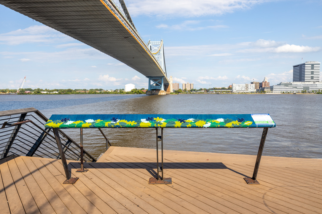 “River of Oaks, Race Street Pier” Repurposed post-consumer plastics, 1’ x 11’ Commissioned by the Delaware River Waterfront Corporation in 2023