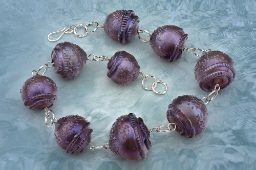 "Barrel Sponge Necklace" hollow glass beads, fine silver forged chain