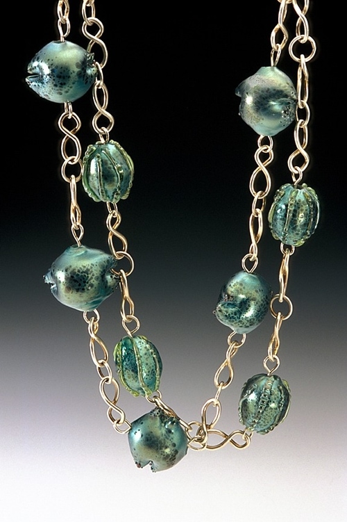 "Comb Jelly's" handmade hollow glass beads, sterling silver forged chain