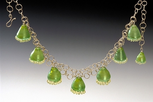 "Sea Bells" hollow glass beads, sterling silver forged chain