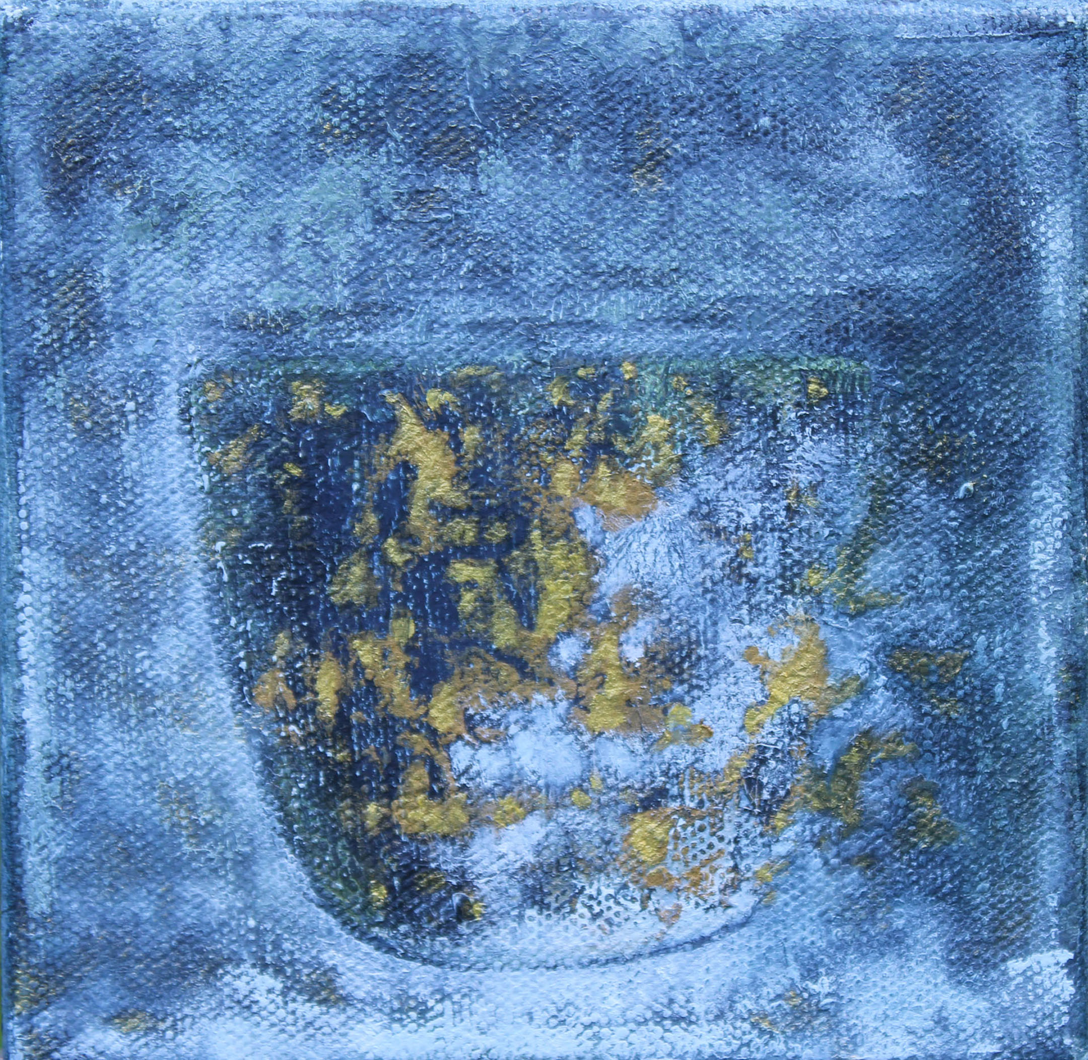 "around the table" 2025, oil on canvas with block print, 5 x 5 x 1.5 in