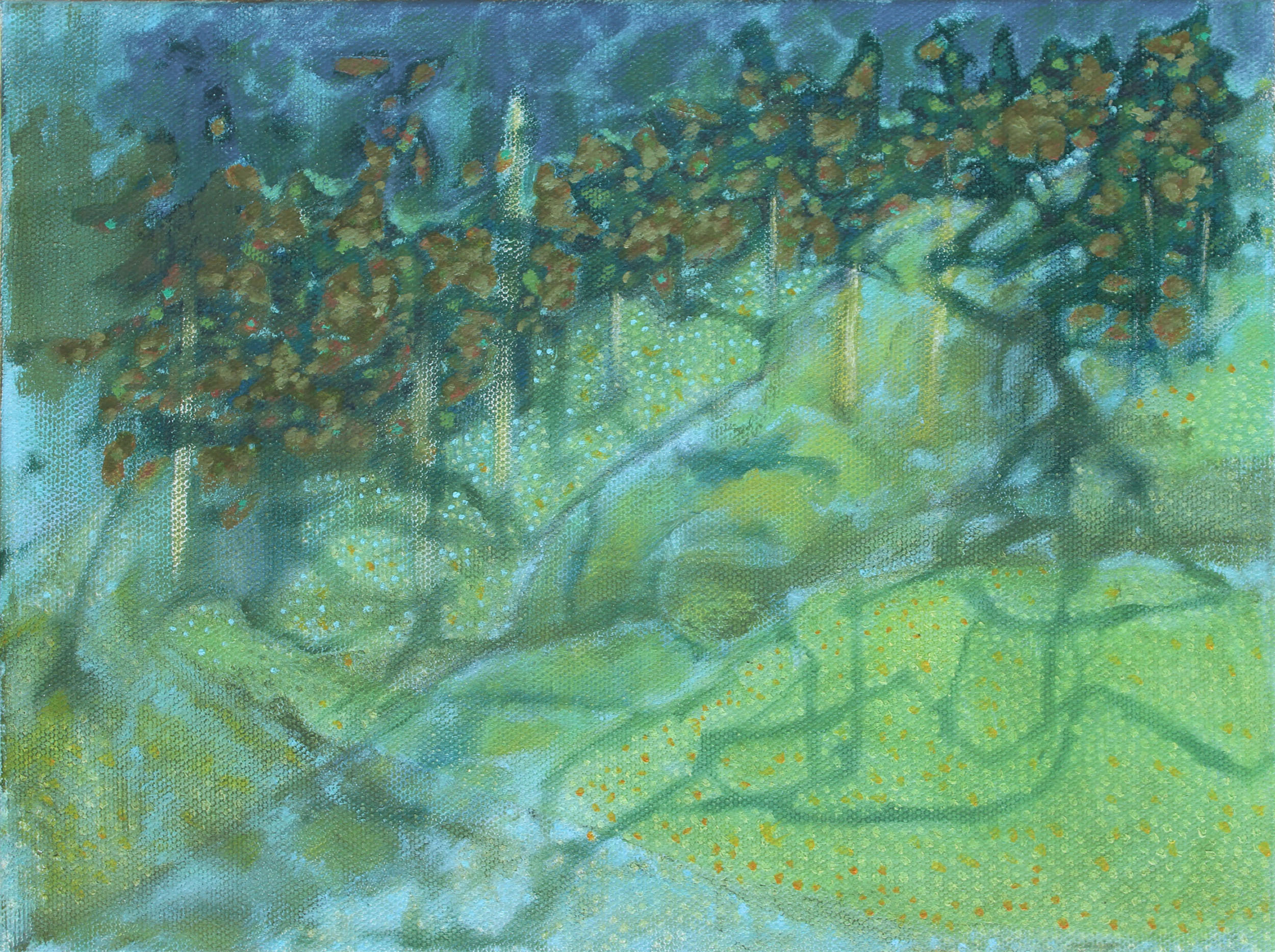 "trees & creek" 2025,  oil on canvas, 9 x 11 in