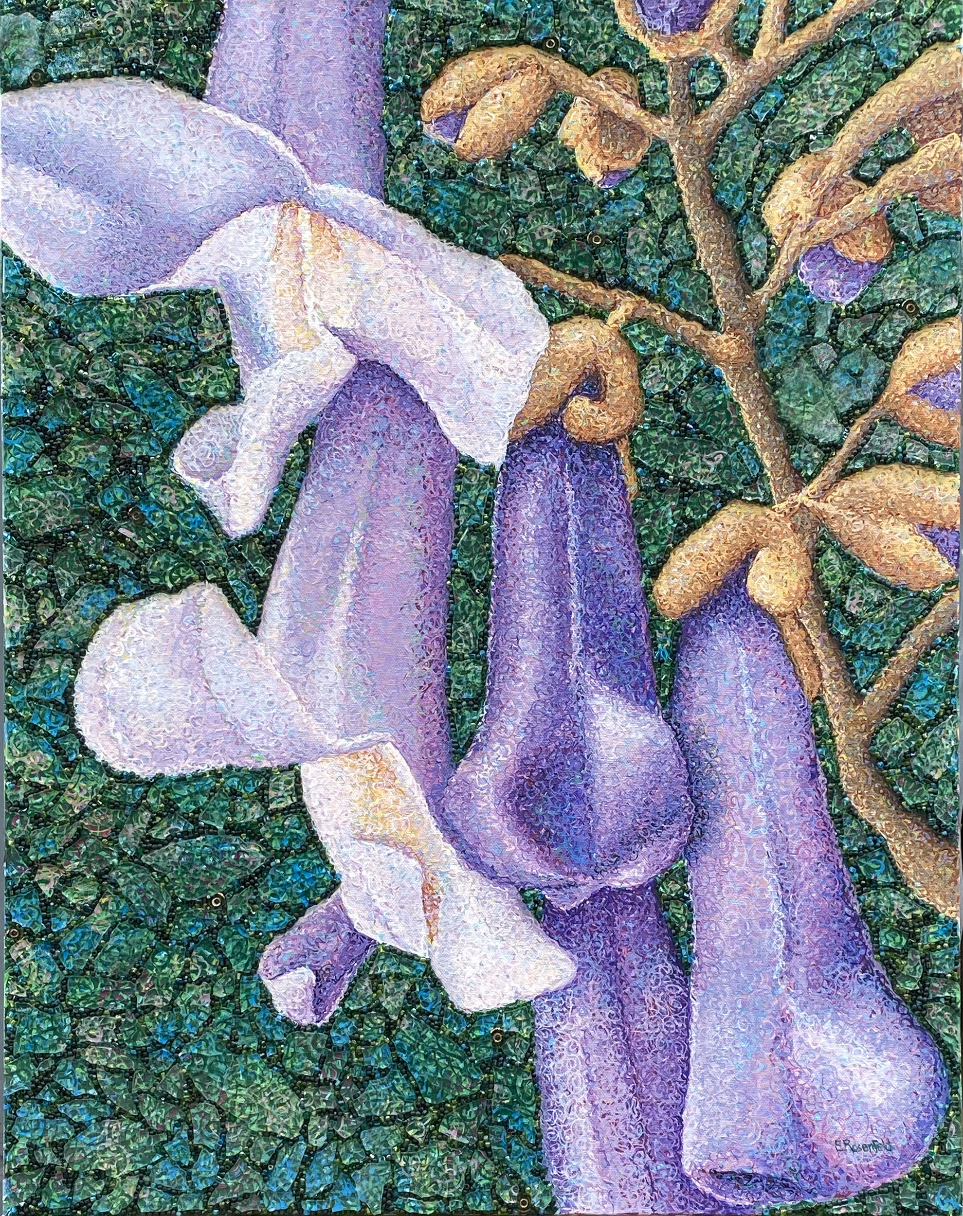 “Invasive Beauty 2” acrylic, glass beads, shattered tempered glass on canvas, 20" x 28"