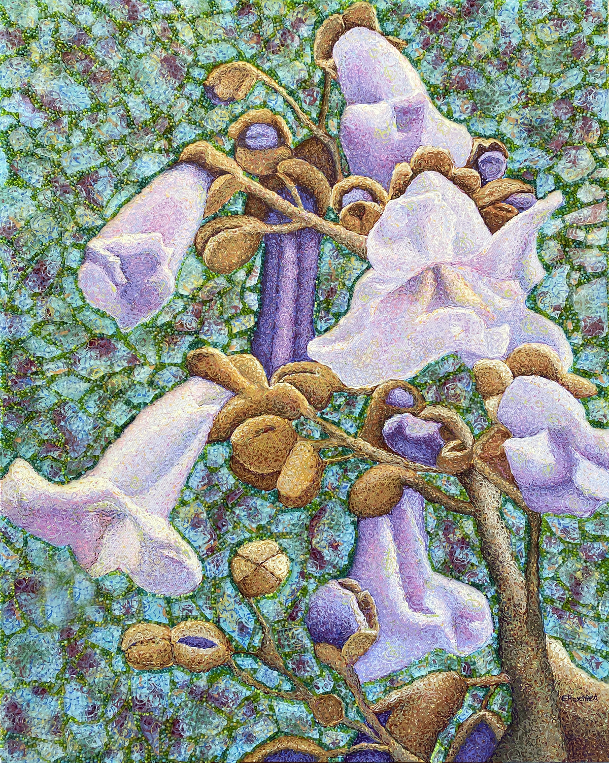 “Invasive Beauty 3” acrylic, glass beads, shattered tempered glass on canvas, 24" x 30"