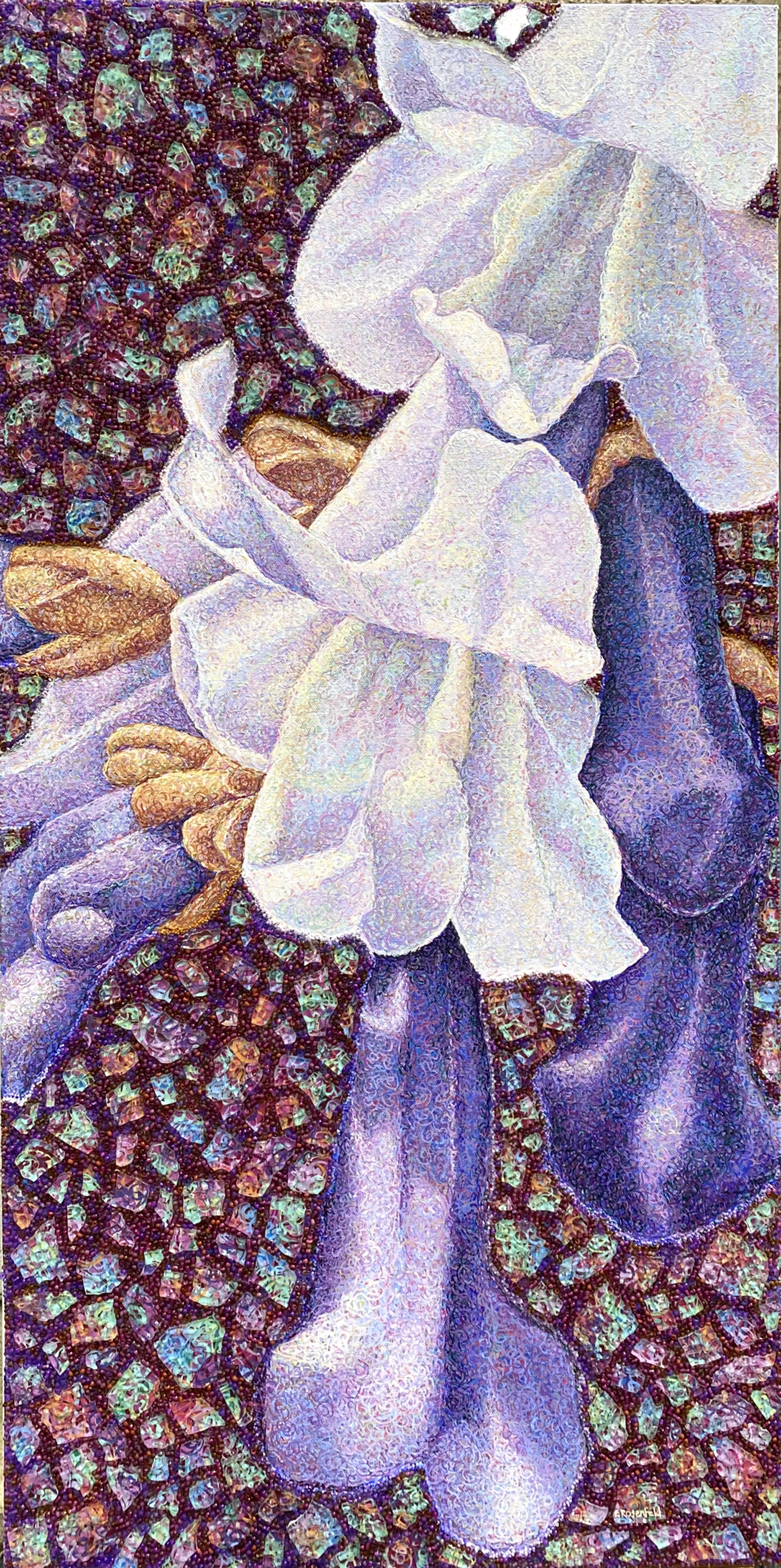 “Invasive Beauty 4” acrylic, glass beads, shattered tempered glass on canvas, 20" x 40"