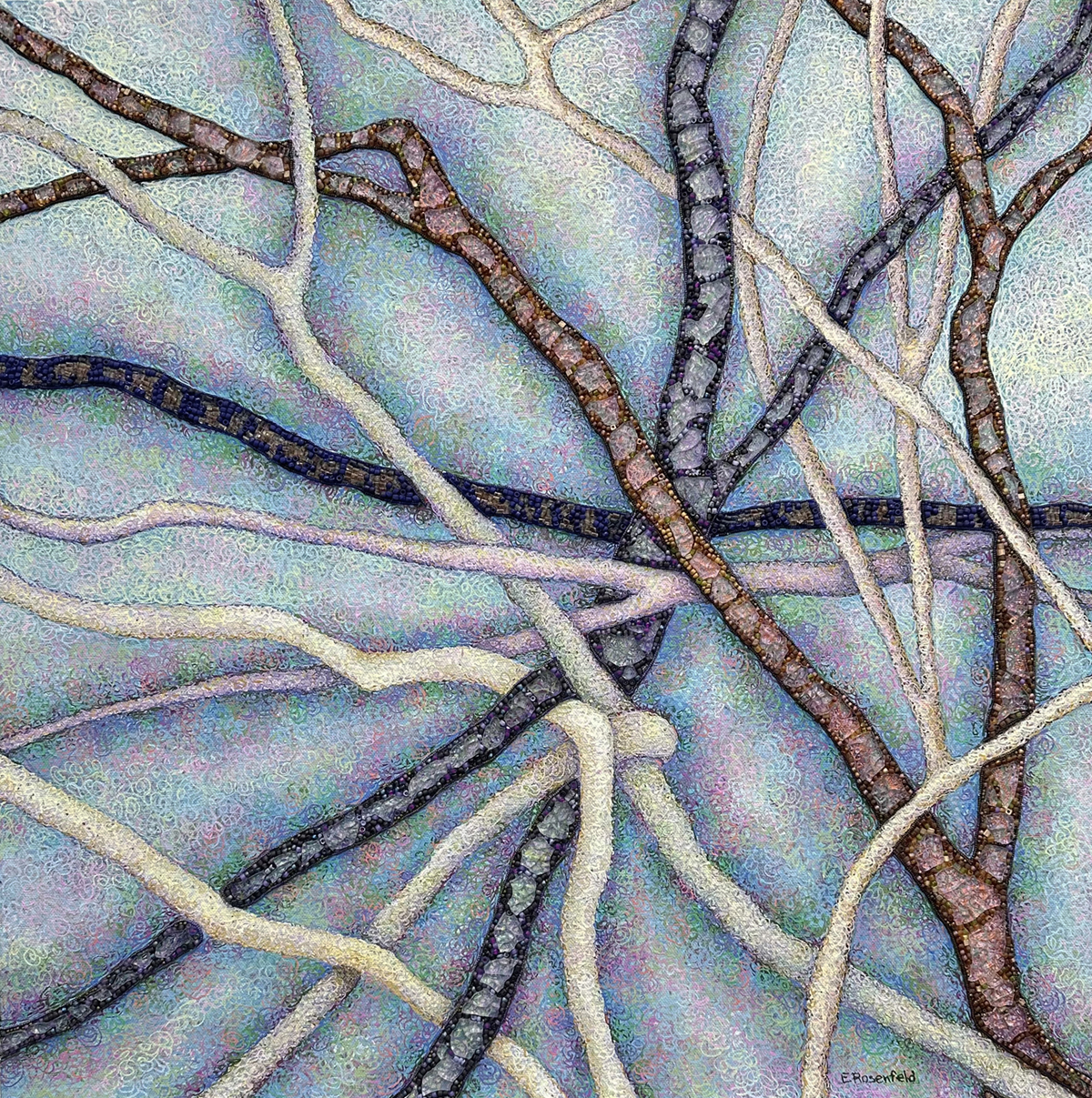 “Life's Tangle 8” acrylic, shattered tempered glass and glass beads on canvas, 24" x 24"