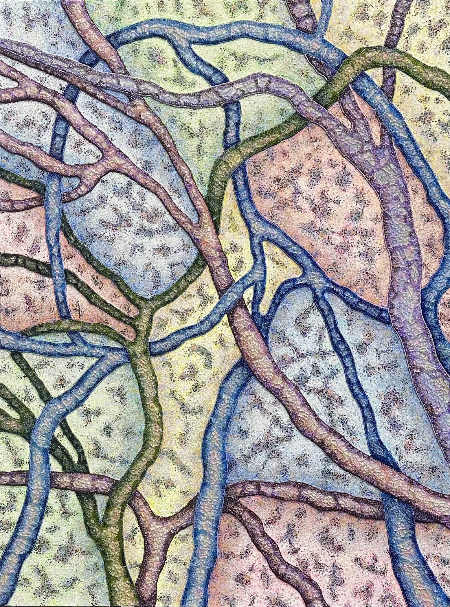 “Life's Tangle 11” acrylic, shattered tempered glass and glass beads on canvas, 40" x 30” 