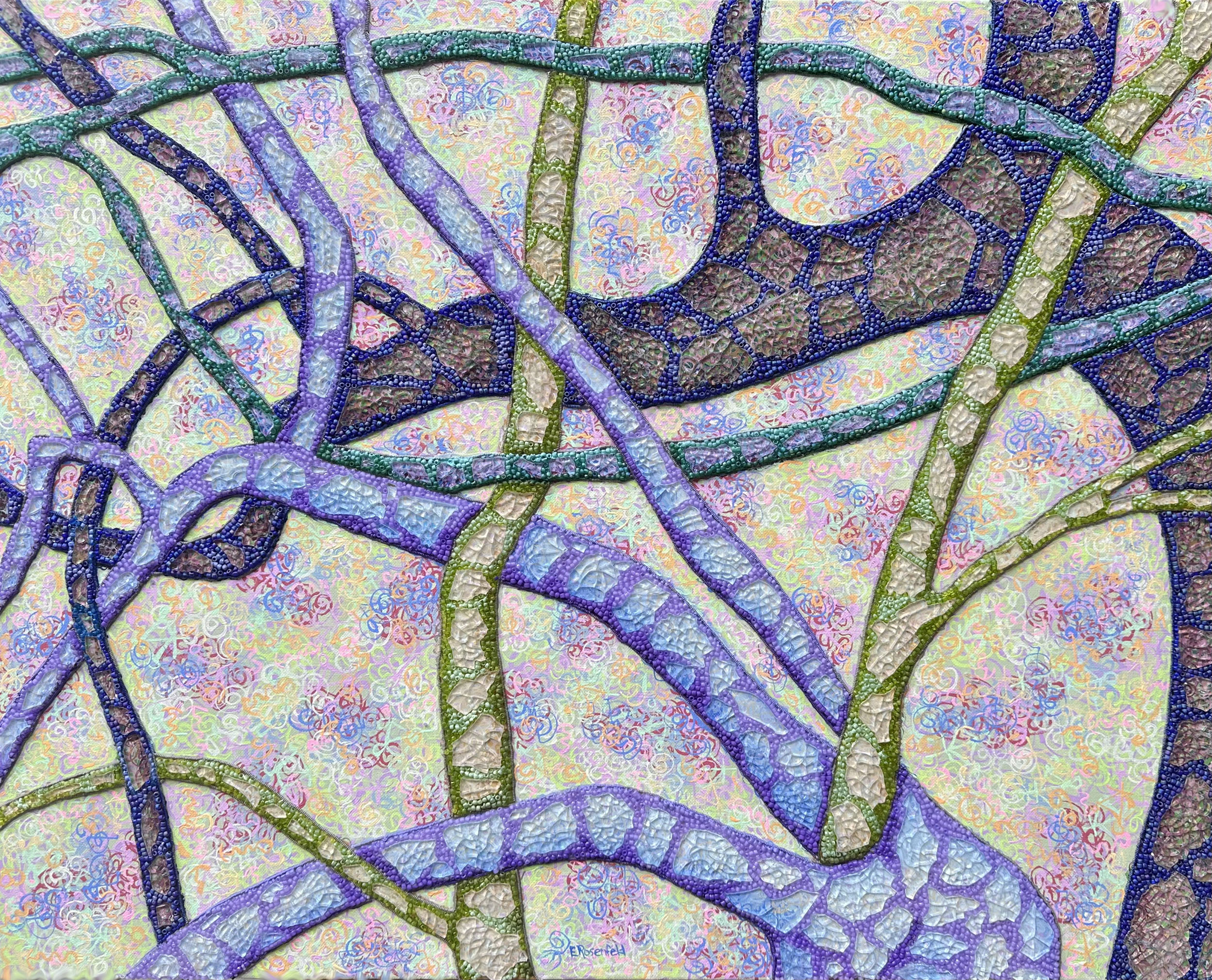 “Life's Tangle 17” acrylic, shattered tempered glass and glass beads on canvas, 24" x 30"